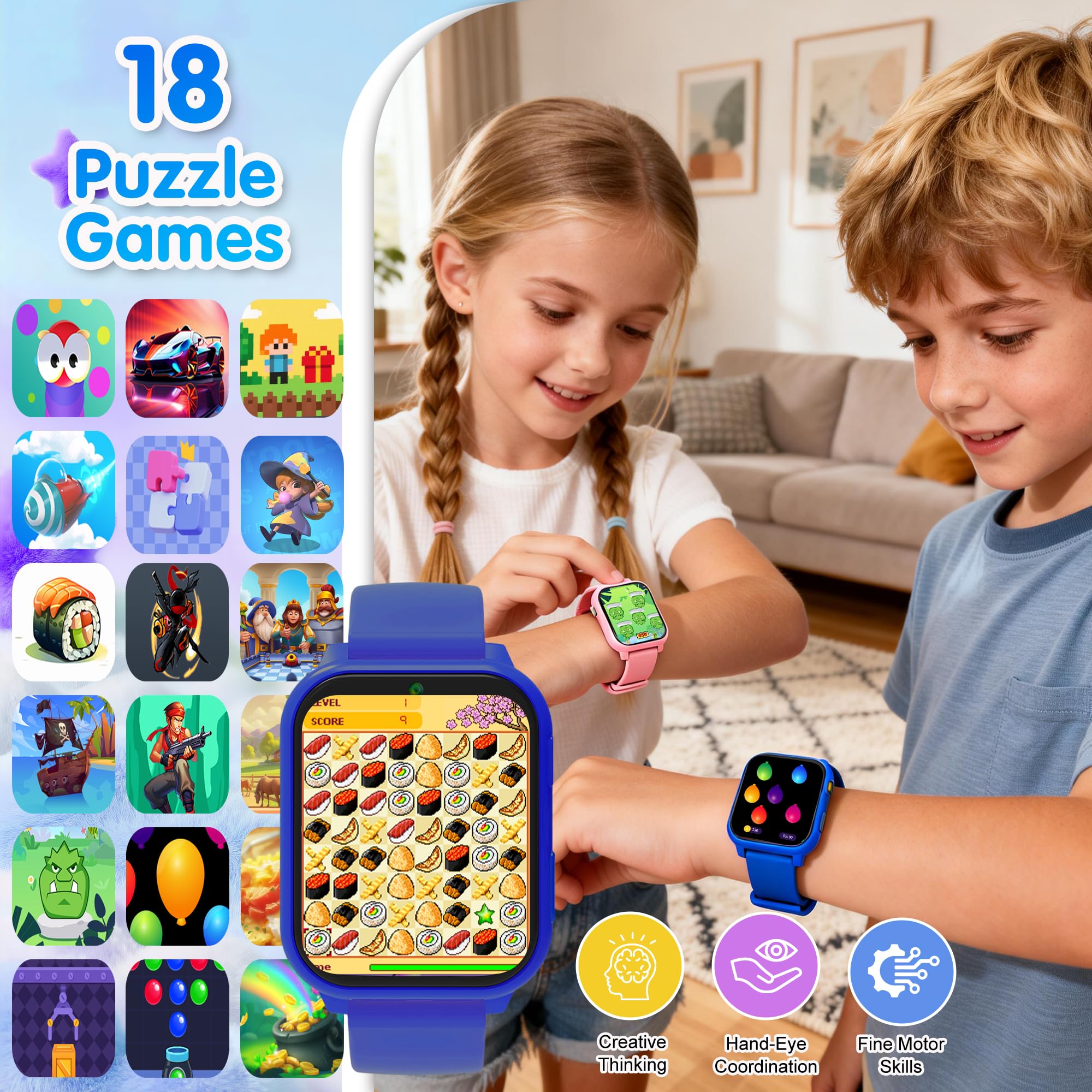 Montre Connectée Enfant, 1.83" Montre Intelligente Enfants avec Podomètre, Sommeil, 18 Jeux, Caméra, Réveil, Torche, Étanche Trackers d'Activité Cadeaux de Noël et d'Anniversair pour Garçons Filles