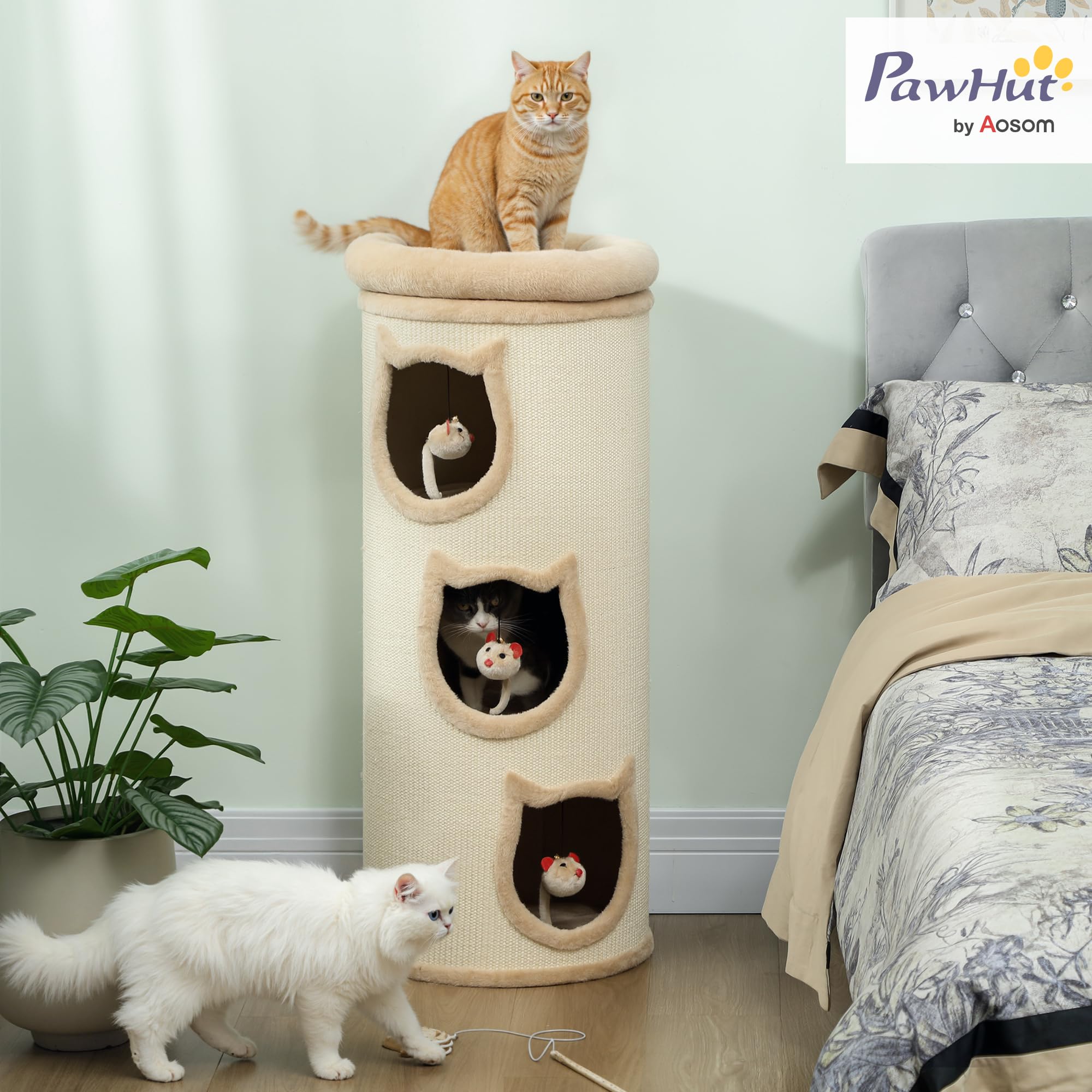 PawHut Tonneau à gratter 96 cm, Tour à griffer en sisal et Bord en Peluche, 3 Niveaux avec Plate-Forme, Arbre à Chat Stable pour Petits et Grands Chats, Parfait pour Griffes & Jeu, Ø 38 cm, crème