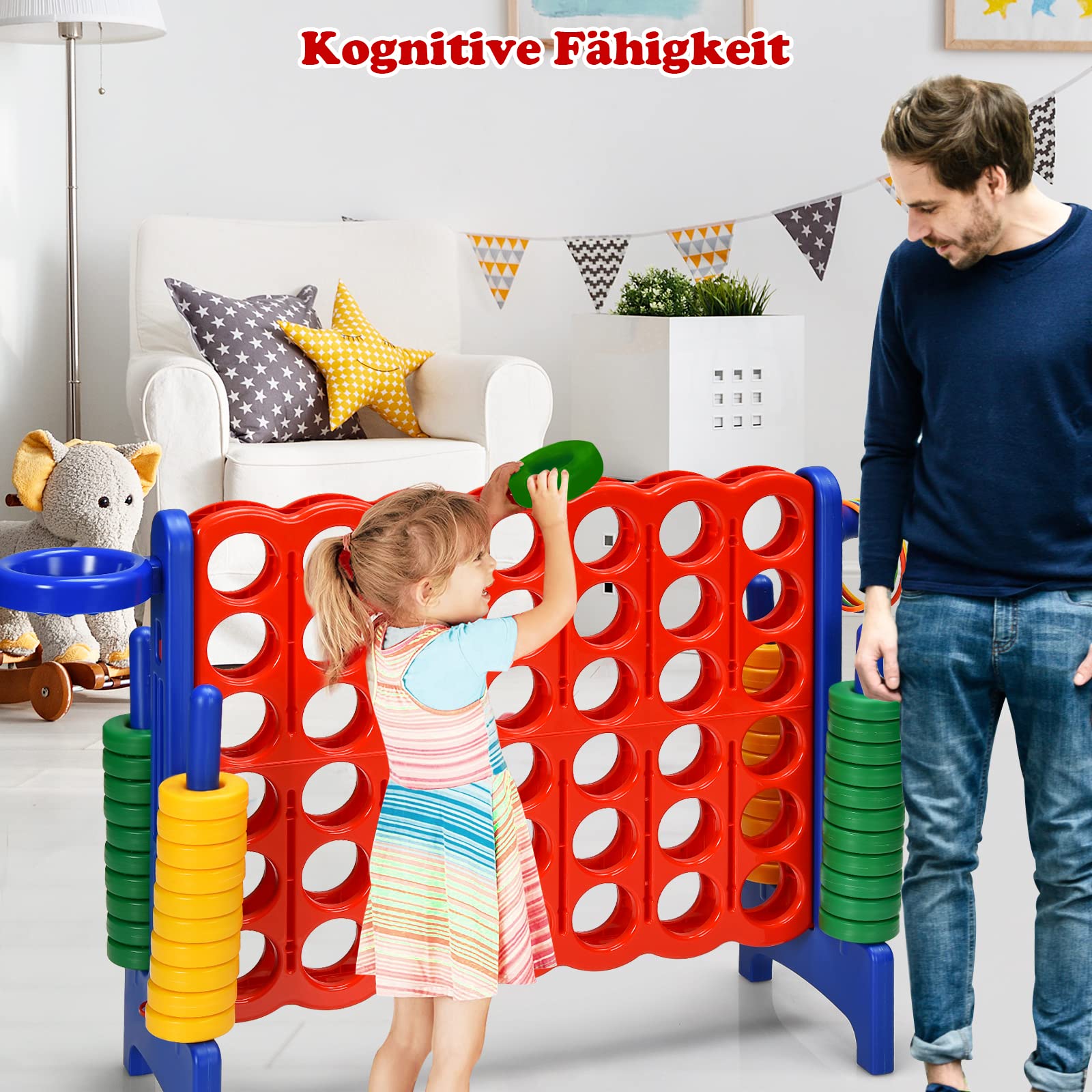 GOPLUS Riesiges 4 Gewinnt Spiel, Strategiespiel mit 42 Ringen, Basketballkorb & Wurfspiel & Schnellspannhebel, 4 in Einer Reihe für Kinder & Erwachsene (Rot + Blau)
