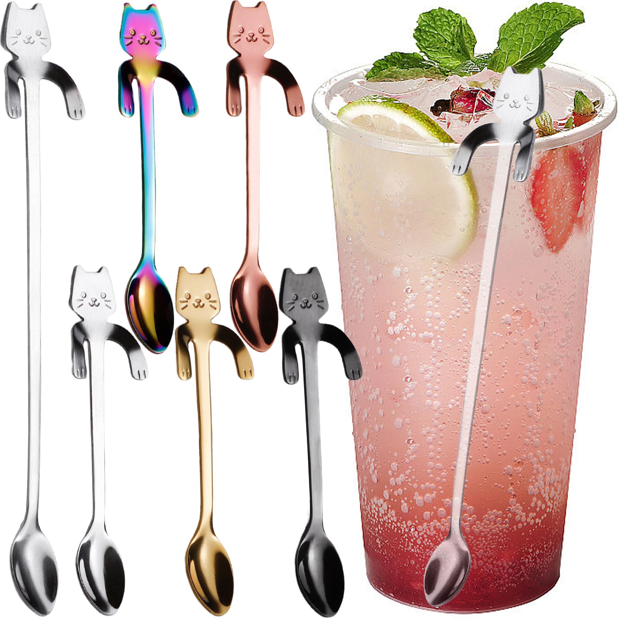 MINGZE 6 Pack Mini Cat Coffee Cup Tea Stirring Spoon, 5 Spoons + 1 Long Handle, Stainless Steel Hanging Design for Tea, Dessert, Drink Mixing, Milkshake Tableware