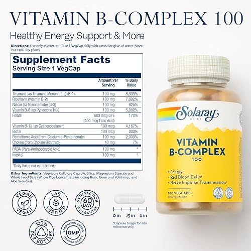 Miniatura 2 de Solaray Vitamina B-Complex 100 mg energía saludable formación de células sanguíneas y soporte de transmisión de impulso nervioso 100 cápsulas