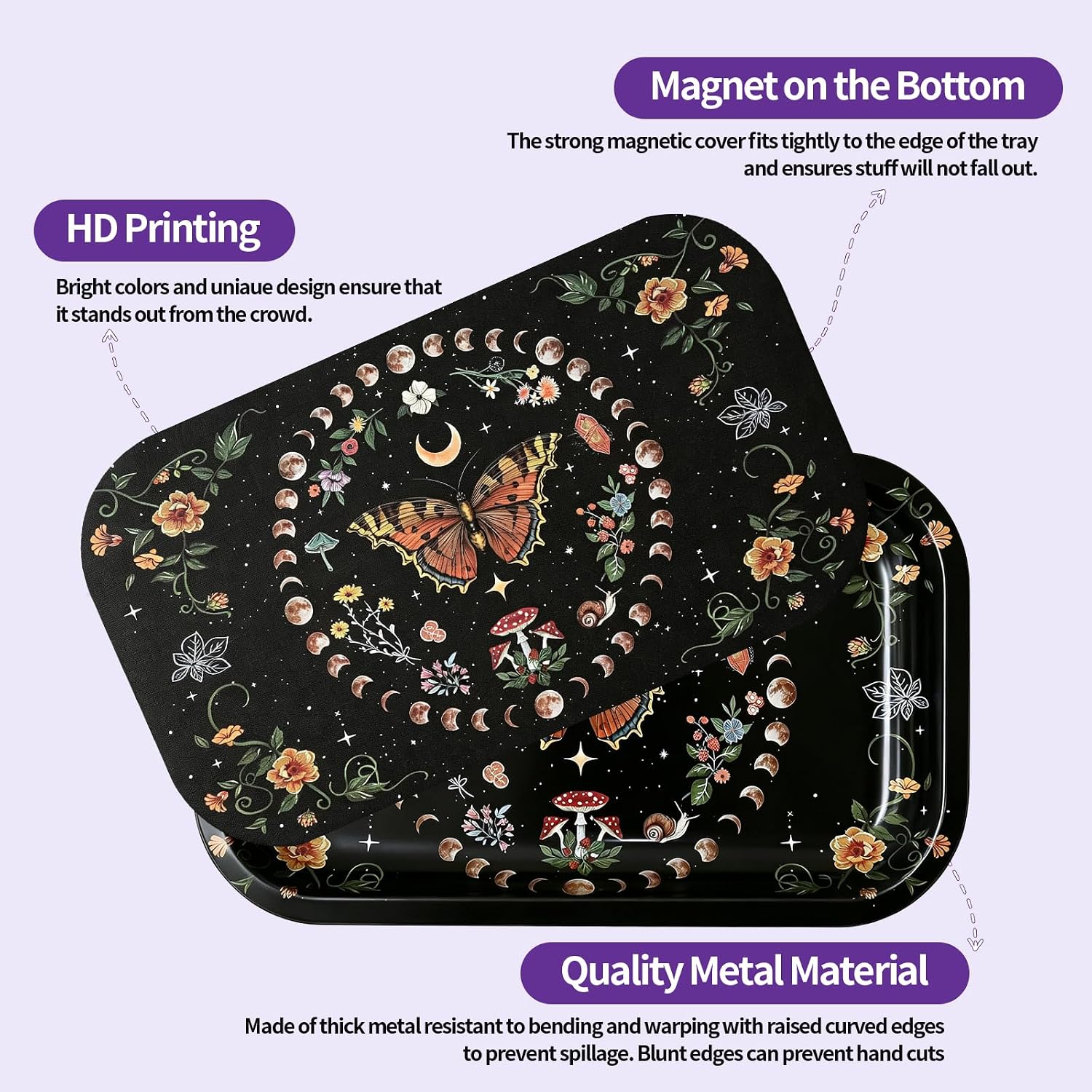 Metal Tray with PVC Soft Magnetic Lid Cover Large Cute Decorative Tray Serving Trays for Home Decor, Coffee Table, Tea, Snacks, Gifts - 11" x 7" (Shine Black)
