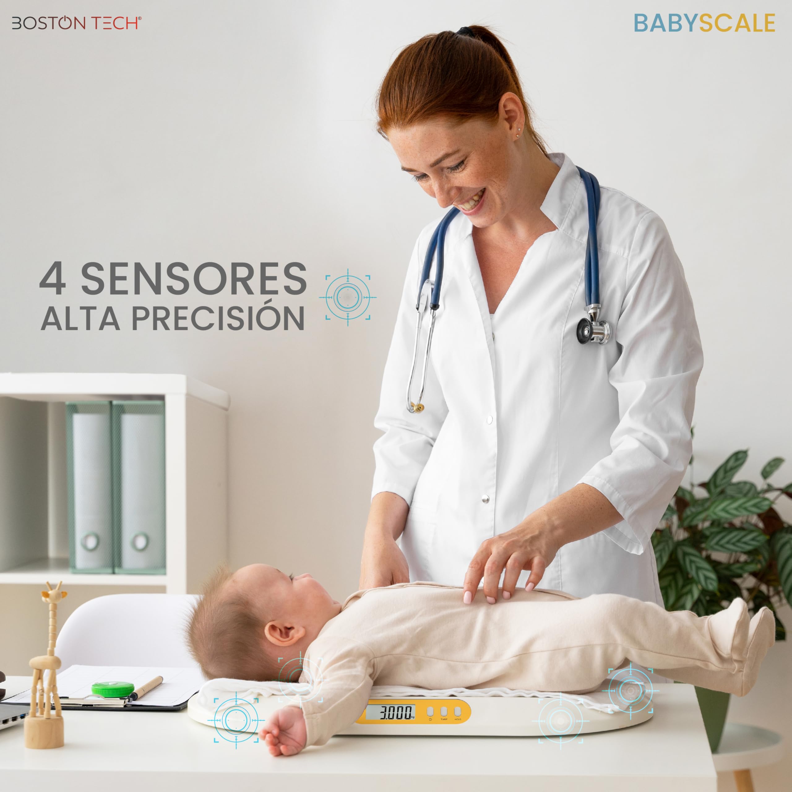 Báscula digital para bebé Boston Tech con tallímetro integrado, función Tara y Hold, pantalla LCD retroiluminada, balanza precisa hasta 20 kg, ideal para recién nacidos y mascotas pequeñas