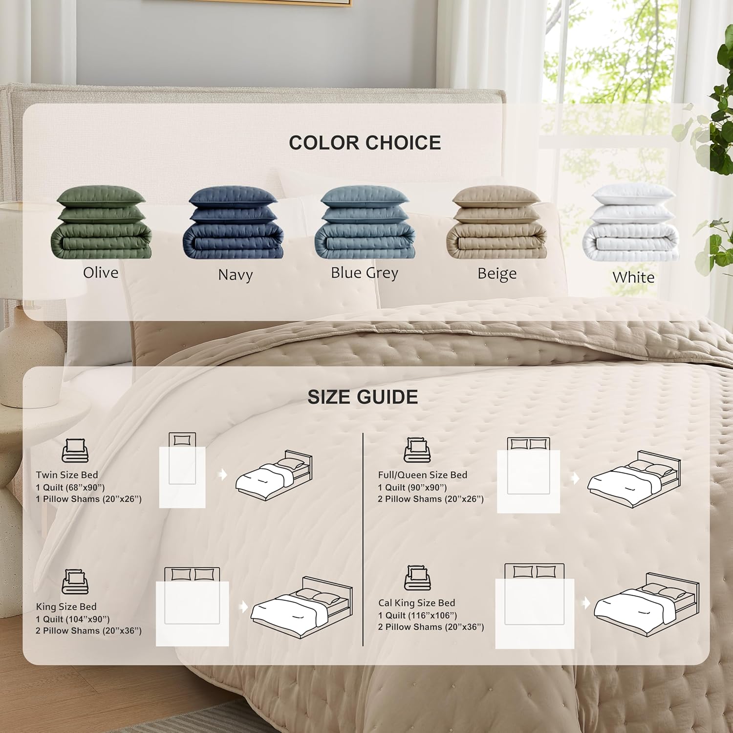 WDCOZY Dusty Blue Cloud King Size Quilt Set, Tan Lightweight Farmhouse Bedspread, Rustic Country Coverlet, Taupe Camel Soft Bedding, Thin Comforter for All Season - 3 Pieces, 104x90 inches
