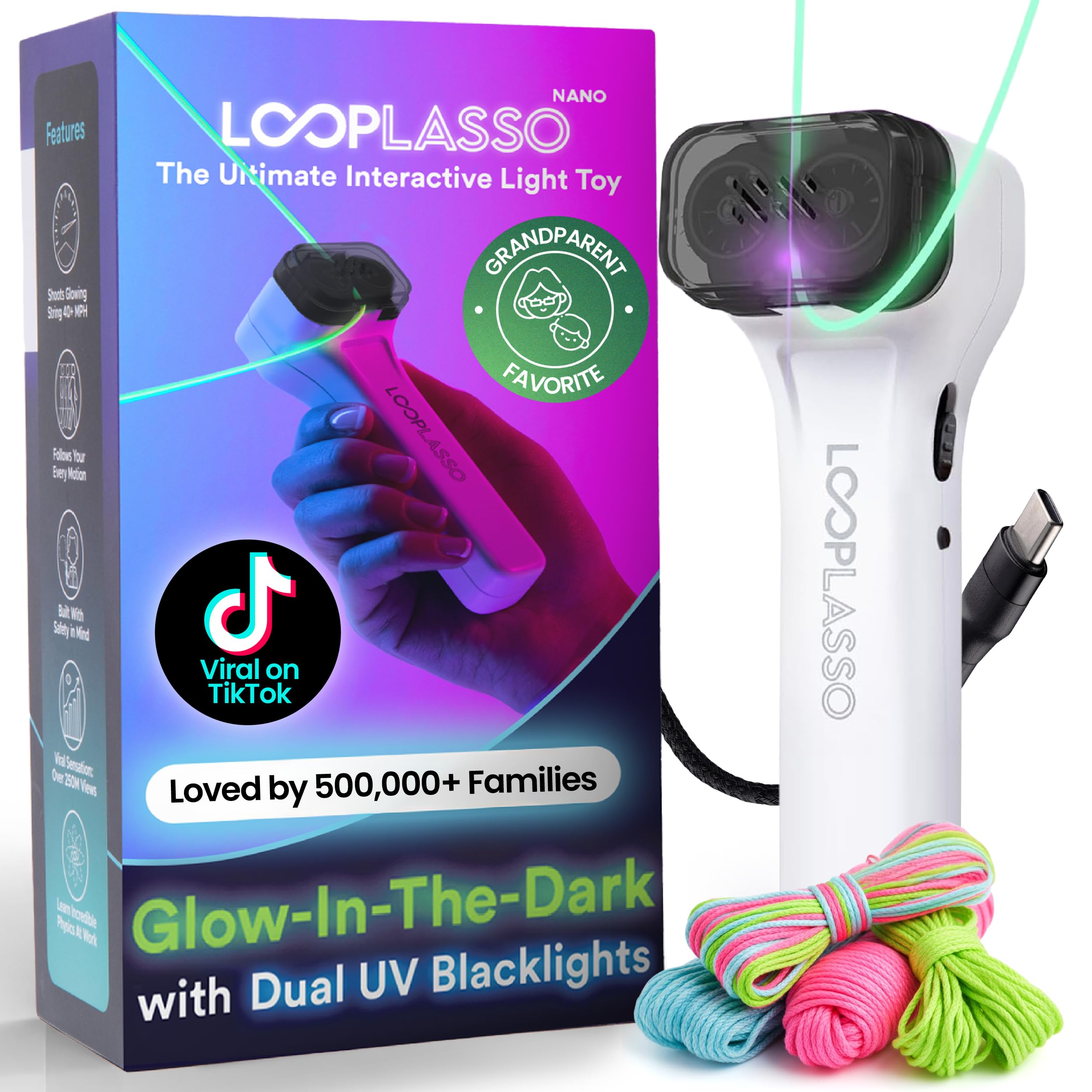Loop Lasso NANO Glow in the Dark Rave Toys with Built-in UV Blacklight - Interactive Rope Launcher STEM Toy - Viral Flow and String Shooter Toy for Kids and Adults