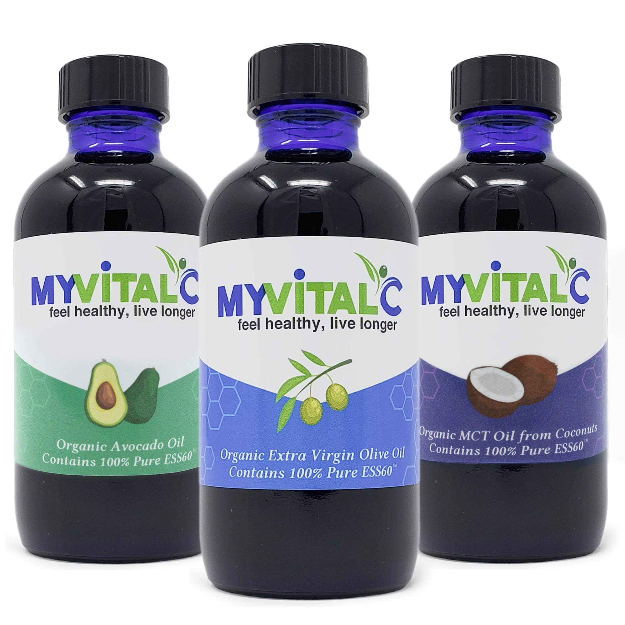 MyVitalC Combo of Organic Extra Virgin Olive Oil, MCT & Avocado Oil - ESS60 Antioxidant Supplement - For Anti-Aging, Longevity, Sleep, Energy - Pack of 3