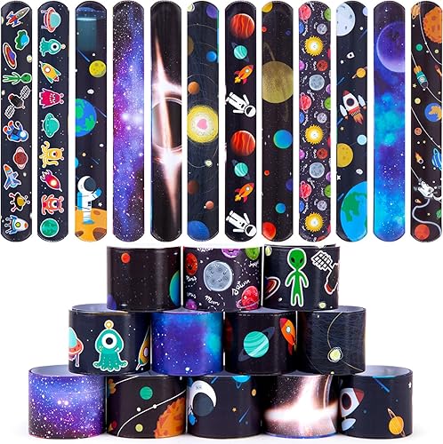 MCPINKY Pulseras Slap, 48 pulseras para niños con ovni astronauta espacial patrón de estrellas a presión para recuerdos de fiesta, regalos de Año