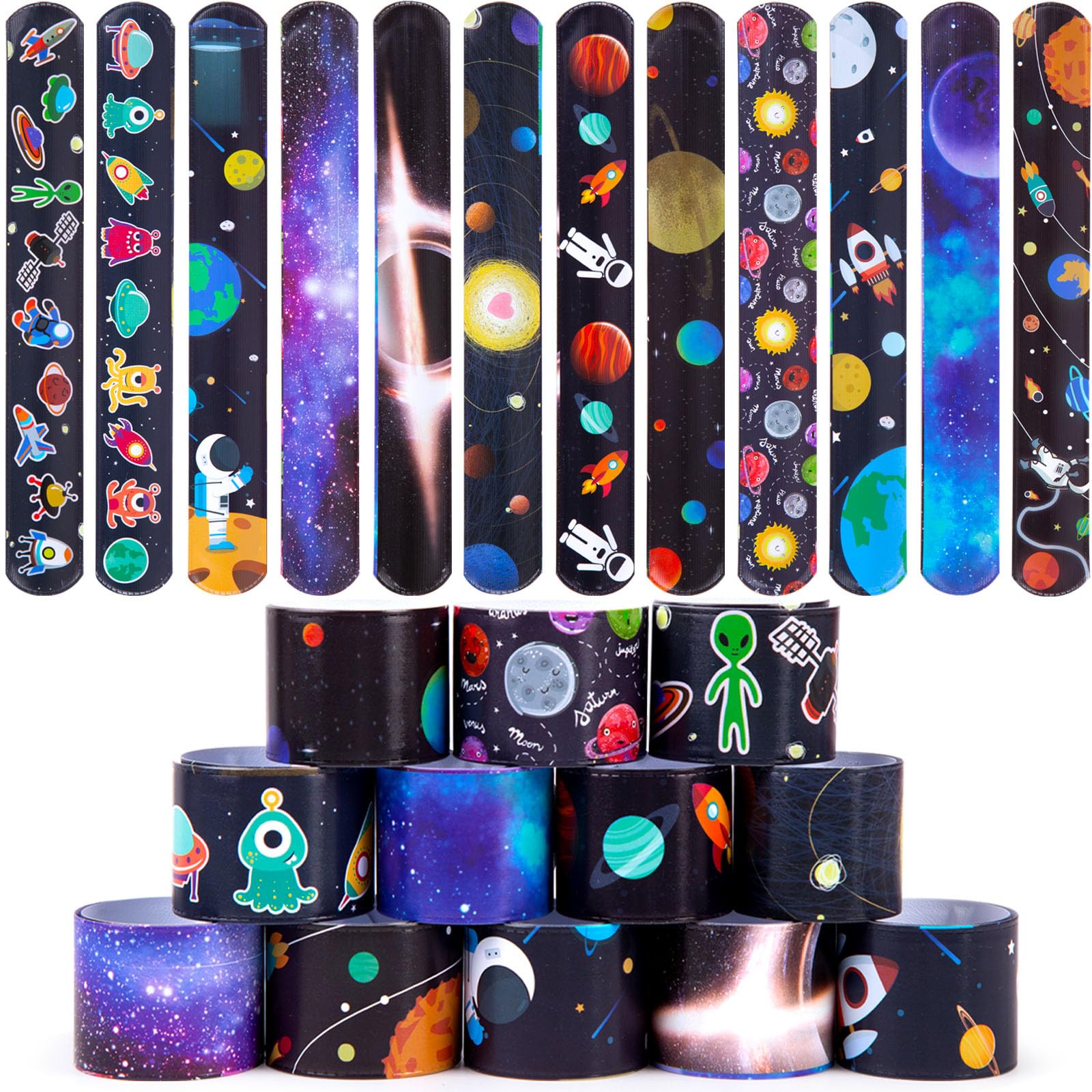 MCPINKY Slap Bracelets, 48PCS Kids Slap Wristbands with UFO Astronaut Space Stars Pattern Snap Bracelets for Party Favor New Year Gifts School Classroom Prize Exchange