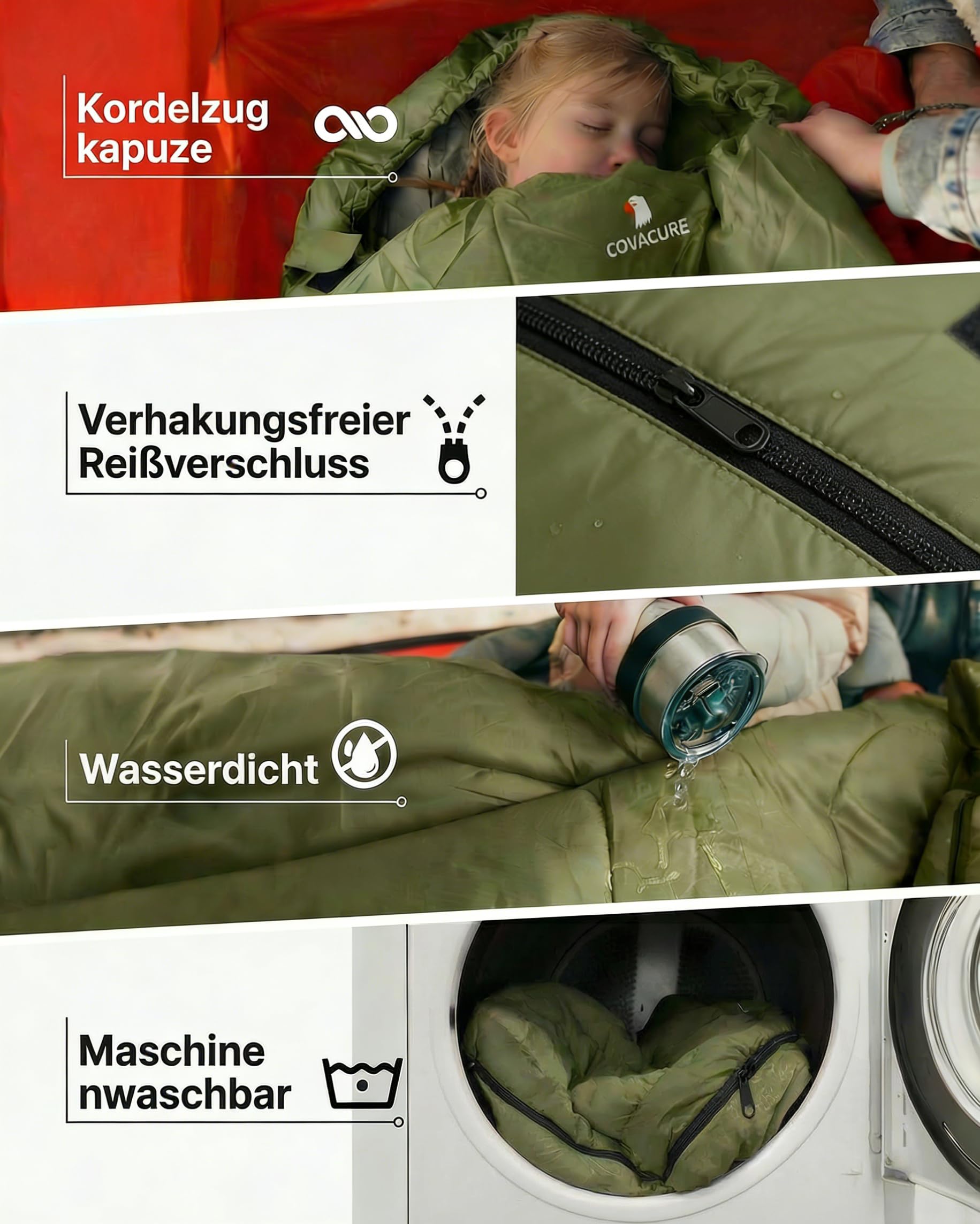 COVACURE Schlafsack Camping – Ultraleichter Sommerschlafsack und Deckenschlafsack, 3 Jahreszeiten Sleeping Bag für Kinder und Erwachsene, kleines Packmaß, 220 x 80 cm