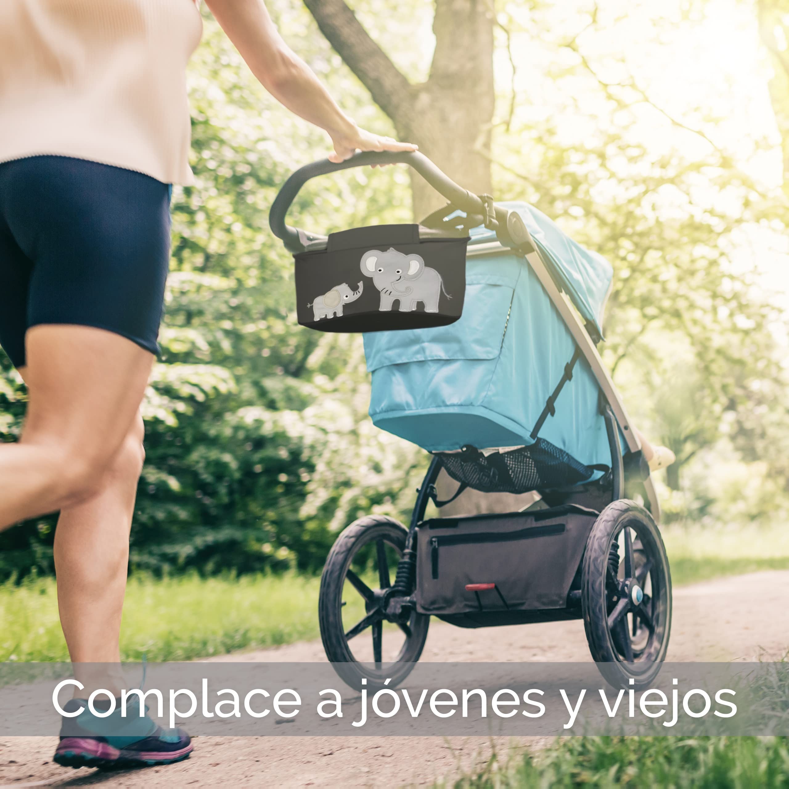 GLÜCKSWOLKE Bolsa Carro Bebe - 12 Motivos I Organizador para Coches de Paseo I Accesorios para Cochecito para Mama I Bolso Carrito I Bolsos Sillas de Paseo I Motivo Elefante (Negro)