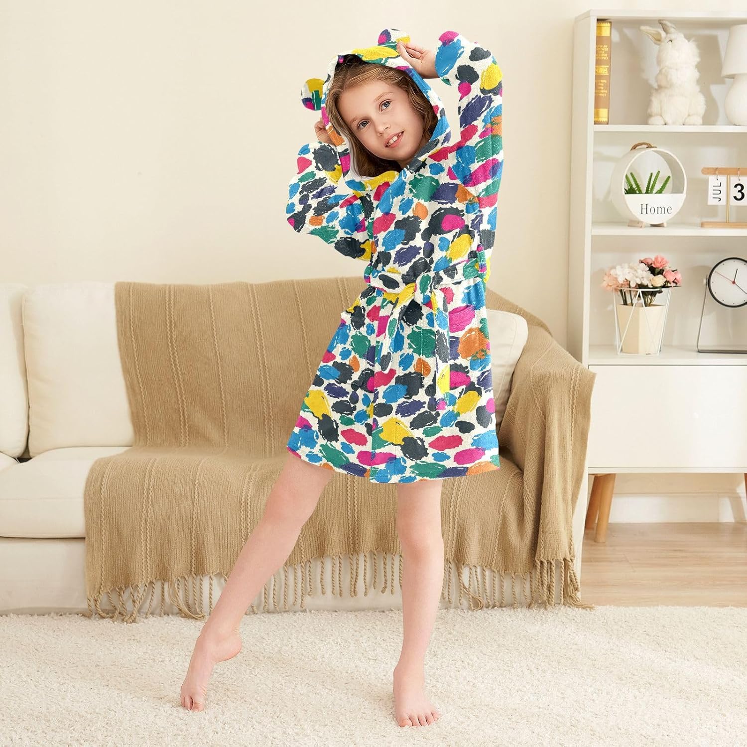senya Graffiti Color Dot Toddler Hooded Bathrobe Kids Soft Plush Bath Towel Robes for Boys Girls 2-12 Years