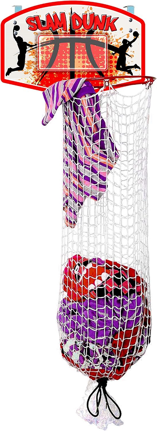 Bundaloo Slam Dunk Basketball Hamper - Over The Door 2 In 1 Hanging Basketball Hoop Or Laundry Hamper Boys & Girls Room Decor - Fun Gift