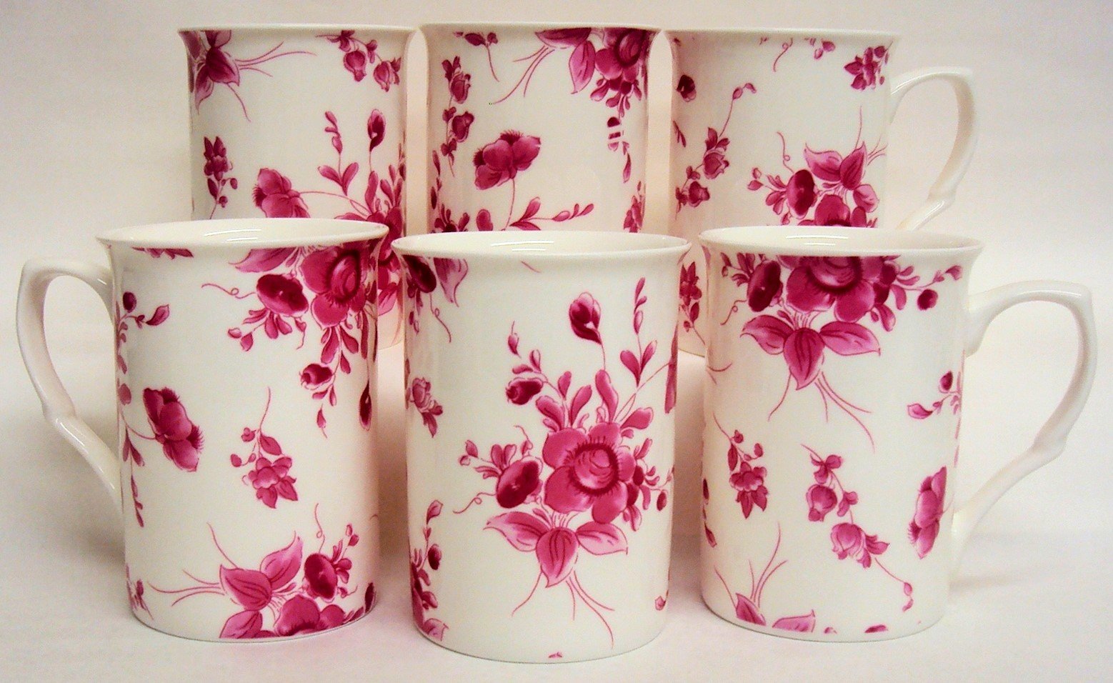 Eden Ruby Mugs Set of 6 Fine Bone China Floral Flowers Mugs Hand Decorated in UK
