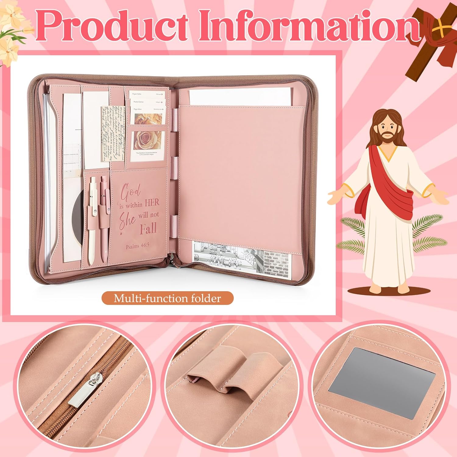 Mother Gift Bible Cover Case for Women Leather Christian Portfolio 13.5"with 5 Gel Pens 6 Colored Highlighters 5 Bible Labels for Christian Teacher Nurse