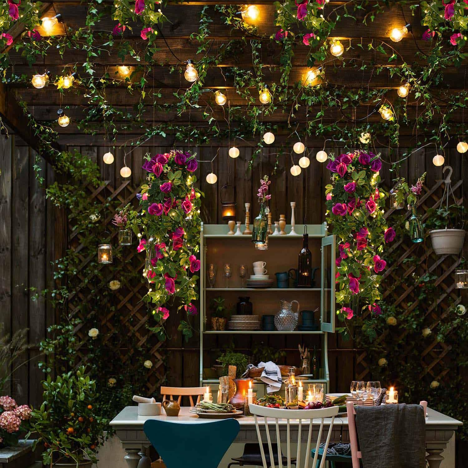 RECUTMS Artificial Hanging Rose Flower Plants Outdoor with 30 LED Fairy String Lights Fake Flowers for House Garden Patio Front Porch Indoor Decor (Purple)