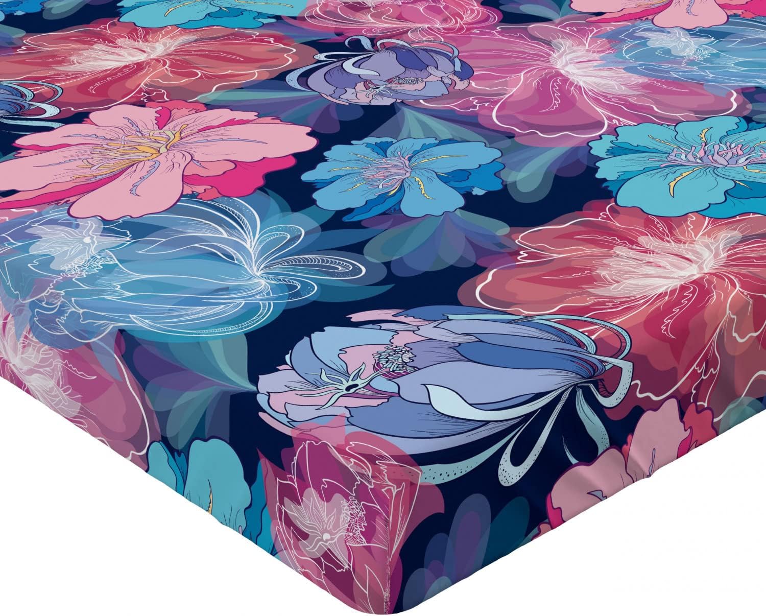 Ambesonne Natural 2 Pack Fitted Sheet, Floral Motifs in Watercolor, Bed Cover All-Round Elastic Deep Pockets 2 Pieces, Package Contains 2 Queen Size Fitted Sheets, Pale Sky Blue Pale Fuchsia