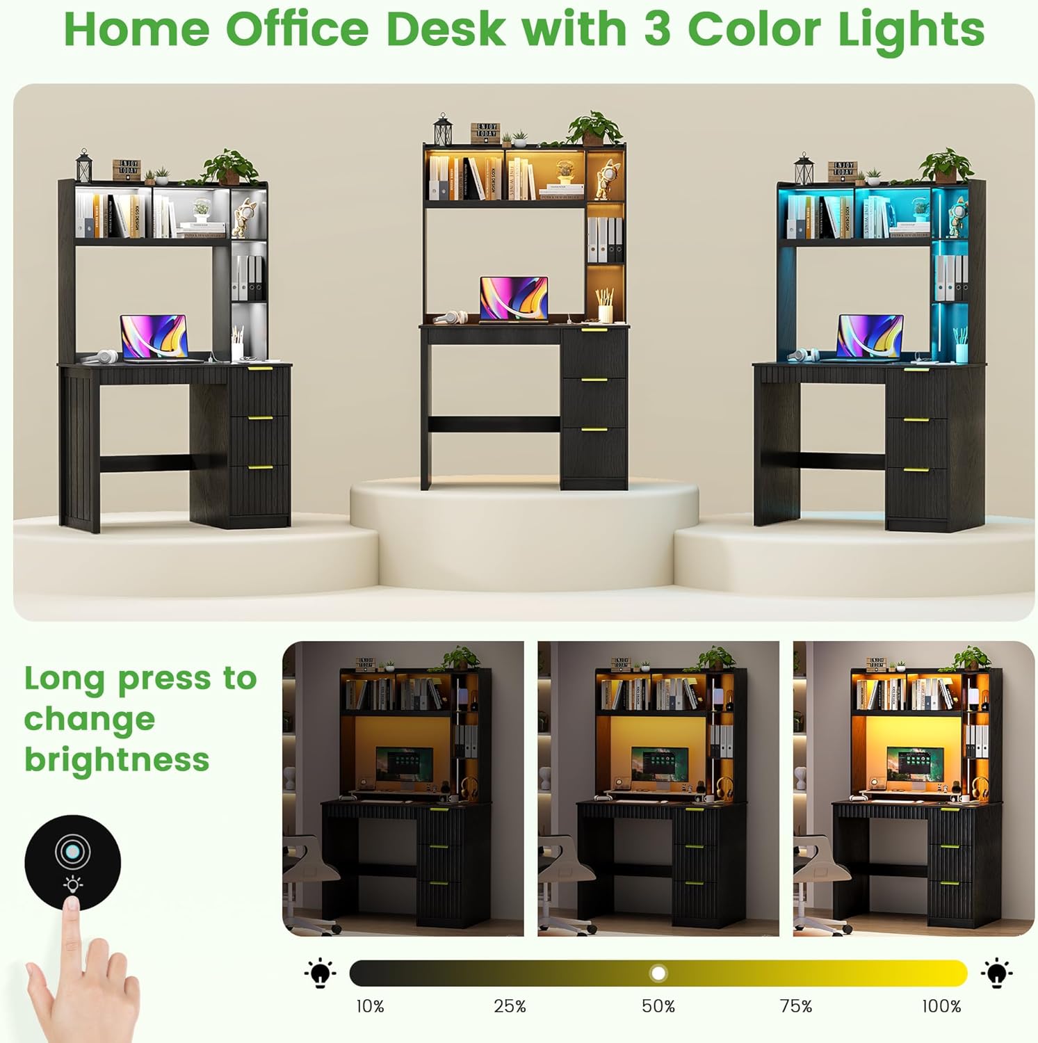 HNEBC Home Office Desk with Hutch and Drawers - 39" Standing Computer Desk with Charging Station&3 Color Lights,Hidden Compartment & Fluted Panel Design, LED Writing Desk for Bedroom, Study (Black)
