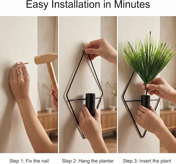Wall Planter Vase with Artificial Plants, Geometric Metal Wall Vase Decor for Indoor Home, Boho Wall Art for Living Room, Bedroom, Office, Bathroom (Black)