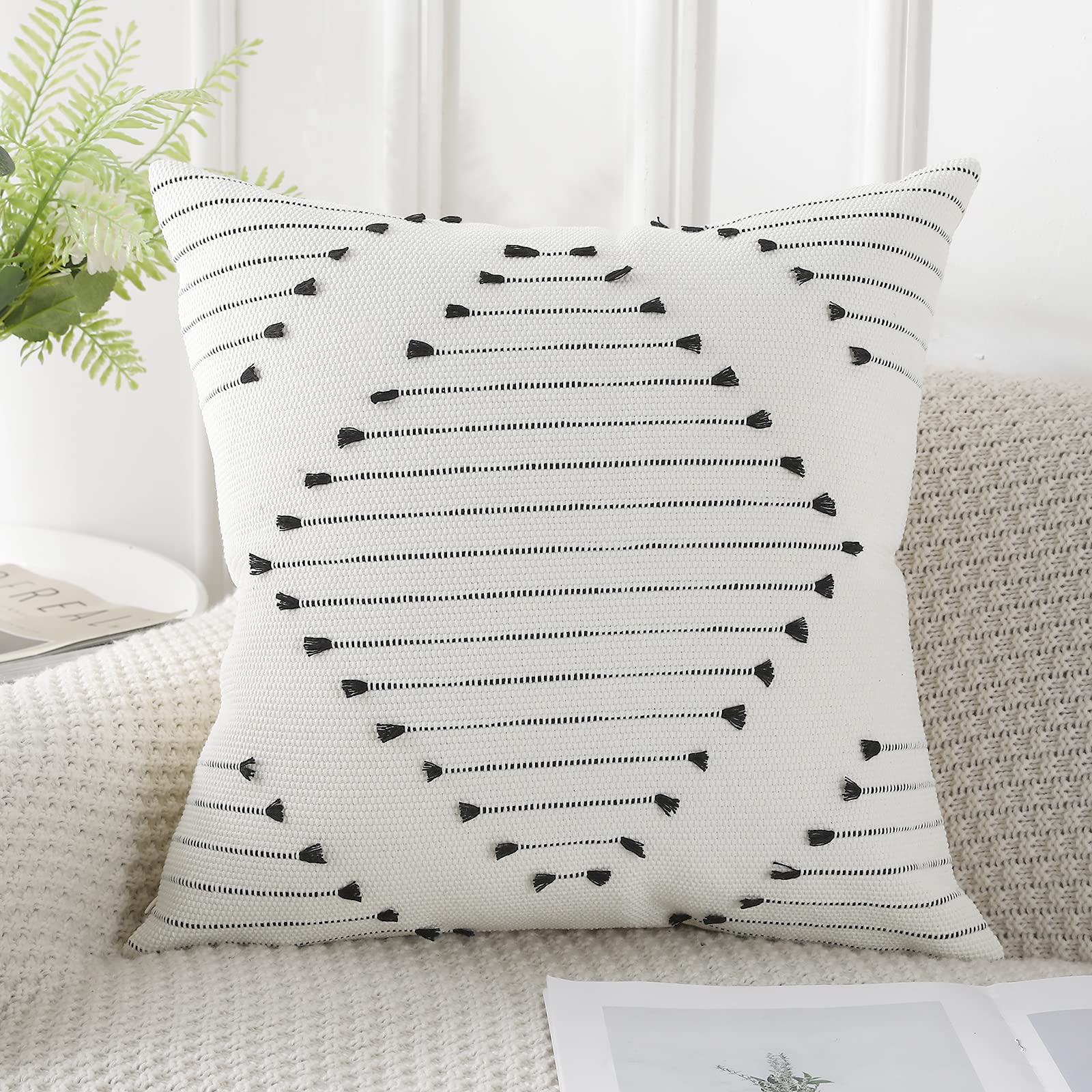 PANOD Knitted Boho Tufted Throw Pillow Covers with Tassel 20x20 inch, Decorative Indoor Outdoor Bohemian Square Cushion case Pillowcase for Couch Sofa