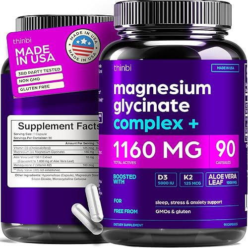 Glicinato de magnesio 1160 mg + complejo de aloe vera, D3 y K2 90 cápsulas – Alta absorción, no laxante – Apoya una respuesta saludable al estrés,