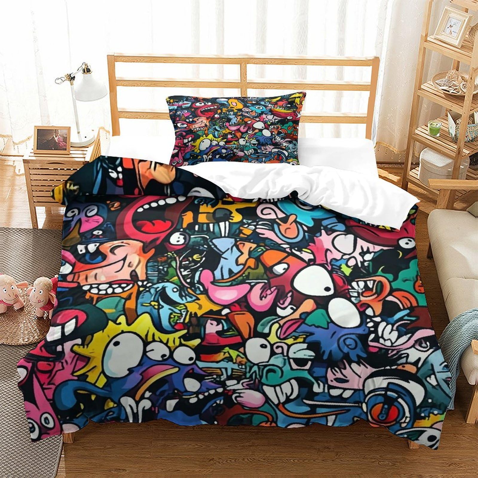 LILIlaobiao Breathable Graffiti Duvet Cover Set, Sleeping Aid Doodles Comforter Cover for Kids & Adults, Comfortable Home Bedding Set Cozy Various Sizes Single（135x200cm） 3 Pcs