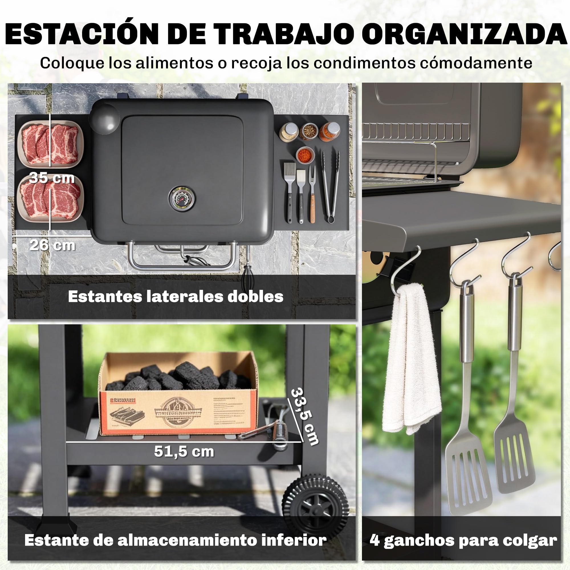 Outsunny Barbacoa de Carbón Portátil Gran Parrilla Termómetro Negro | Barbacoa de Carbón con Bandeja y Ventilación Ajustable, Estantes Laterales, Tapa, Chimenea, Cajón de Cenizas, Ruedas