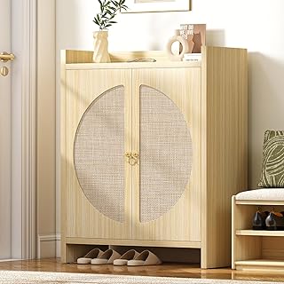 Shoe Cabinet Storage for Entryway - Rattan Entry Way Shoe Storage Cabinet with Adjustable Shelves, Wood Shoe Organizer Cabinet, Accent Cabinet with Doors for Entrance Hallway Living Room Foyer