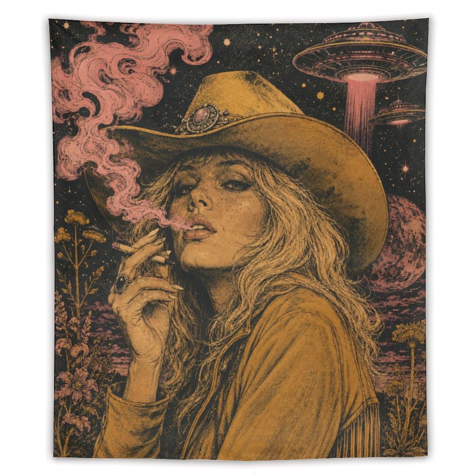W7C8U2X3 Cowgirl Smoking under UFO Wall Tapestry, Ceiling Hanging