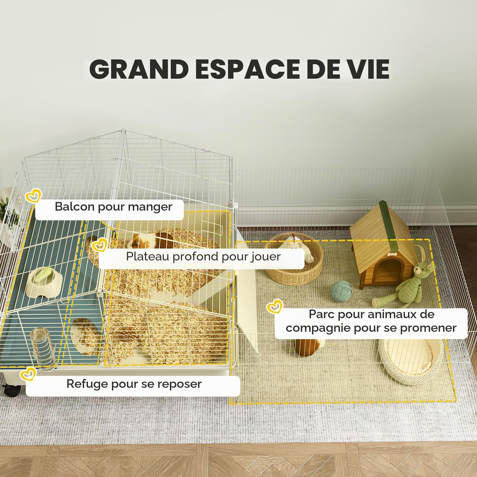 PawHut Cage Petits Animaux avec Parc et Roues, Blanc | Cage petits animaux avec bouteille d'eau, distributeur foin, gamelle, rampe, cage rongeurs, pour cobayes et hérissons