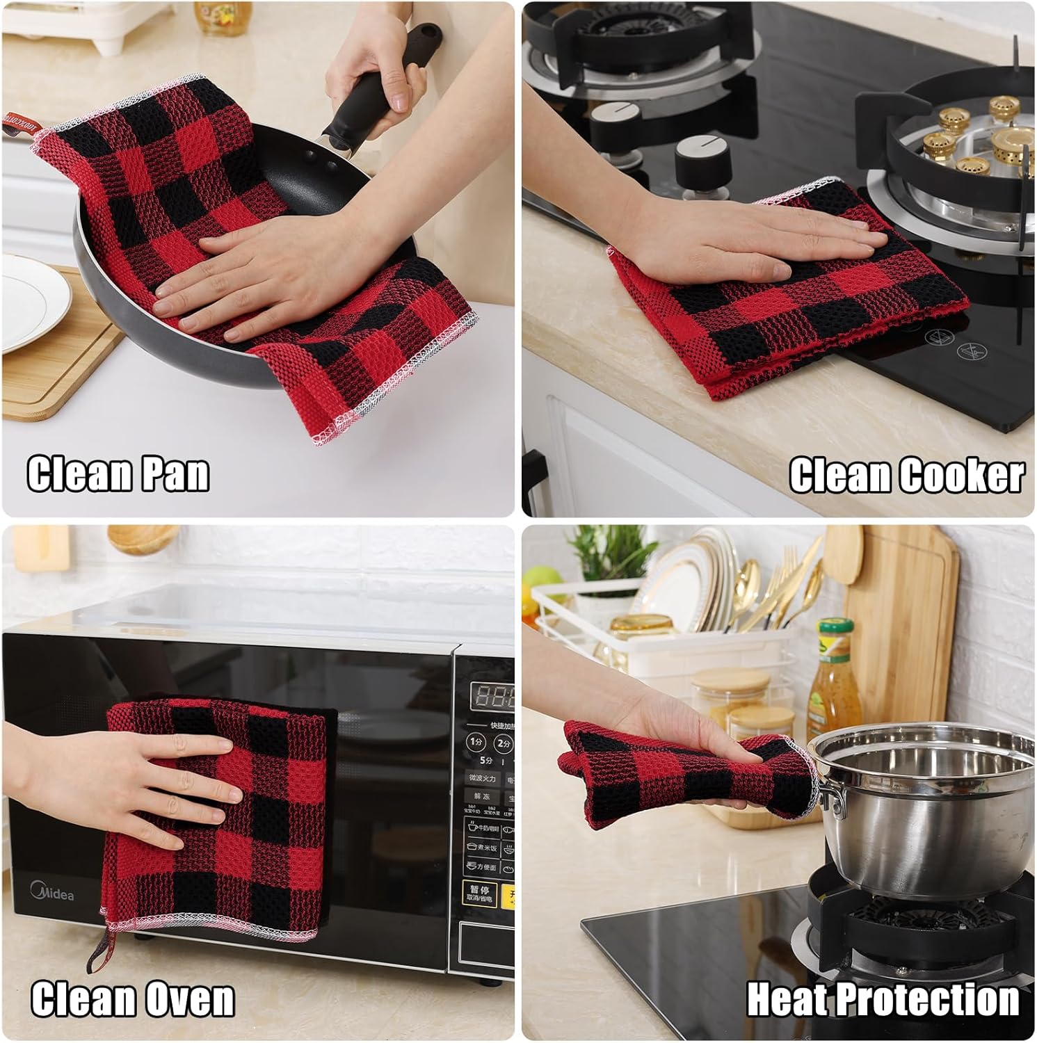 homing Buffalo Plaid Kitchen Towels and Dishcloths Set, 12" x 12" and 13" x 28", Set of 8 Bulk Cotton Waffle Weave Dish Towels, Super Soft Absorbent Hand Towels for Kitchen, Red & Black - Image 8