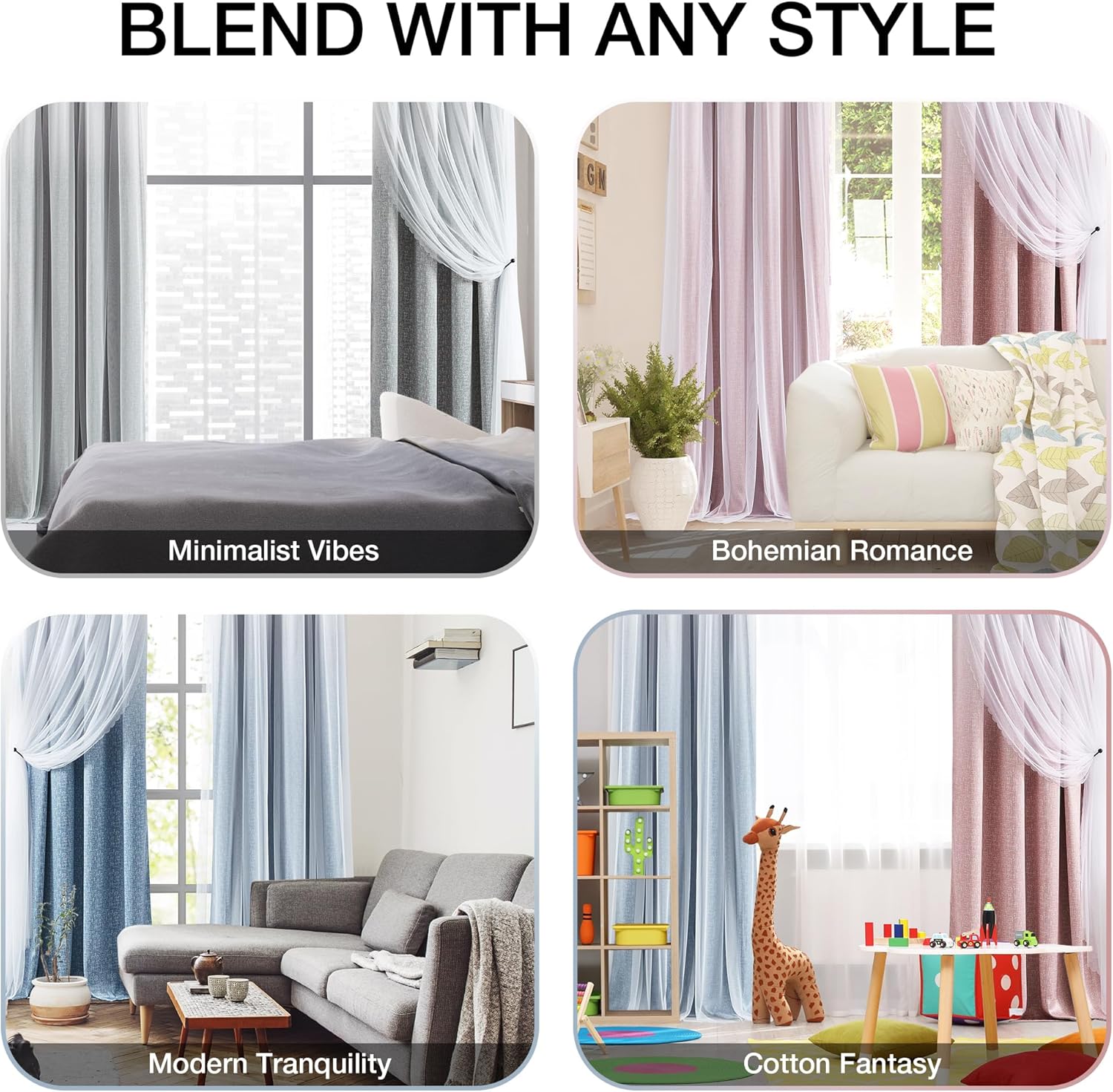 Amzdecor Ombre Full Blackout Curtains with Sheer Overlay Mix and Match Double Layer Drapes Blue White 84 Inch Long Soundproof Grommet Window Treament for Bedroom Living Room Nursery, 2 Panels, 52"x84"