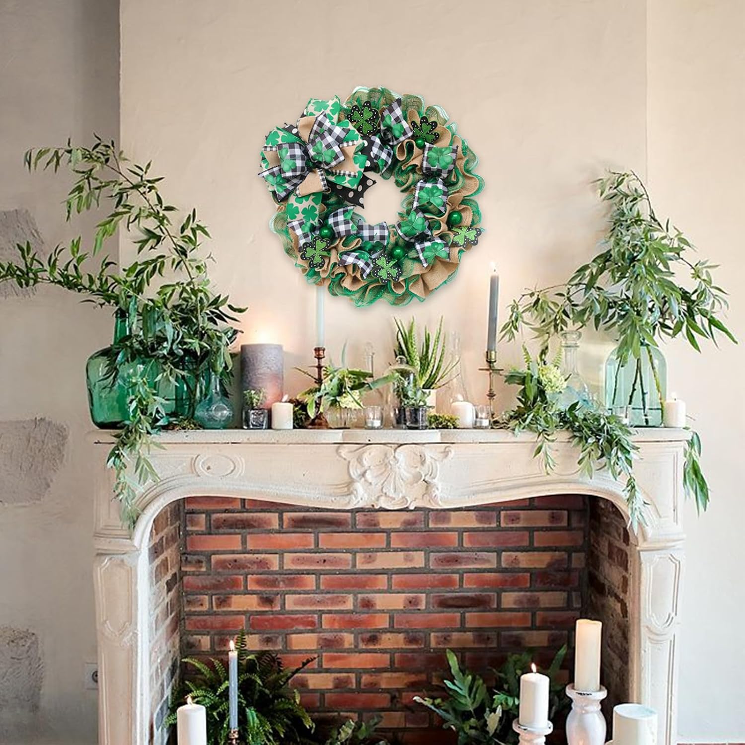 TEMPUS 18 Inch St. Patrick's Front Door Linen Wreath Artificial Lucky Shamrock with Mesh Bowknot Rustic Green Wreath for Farmhouse Home Door Porch Wall Party Spring/Summer Decor