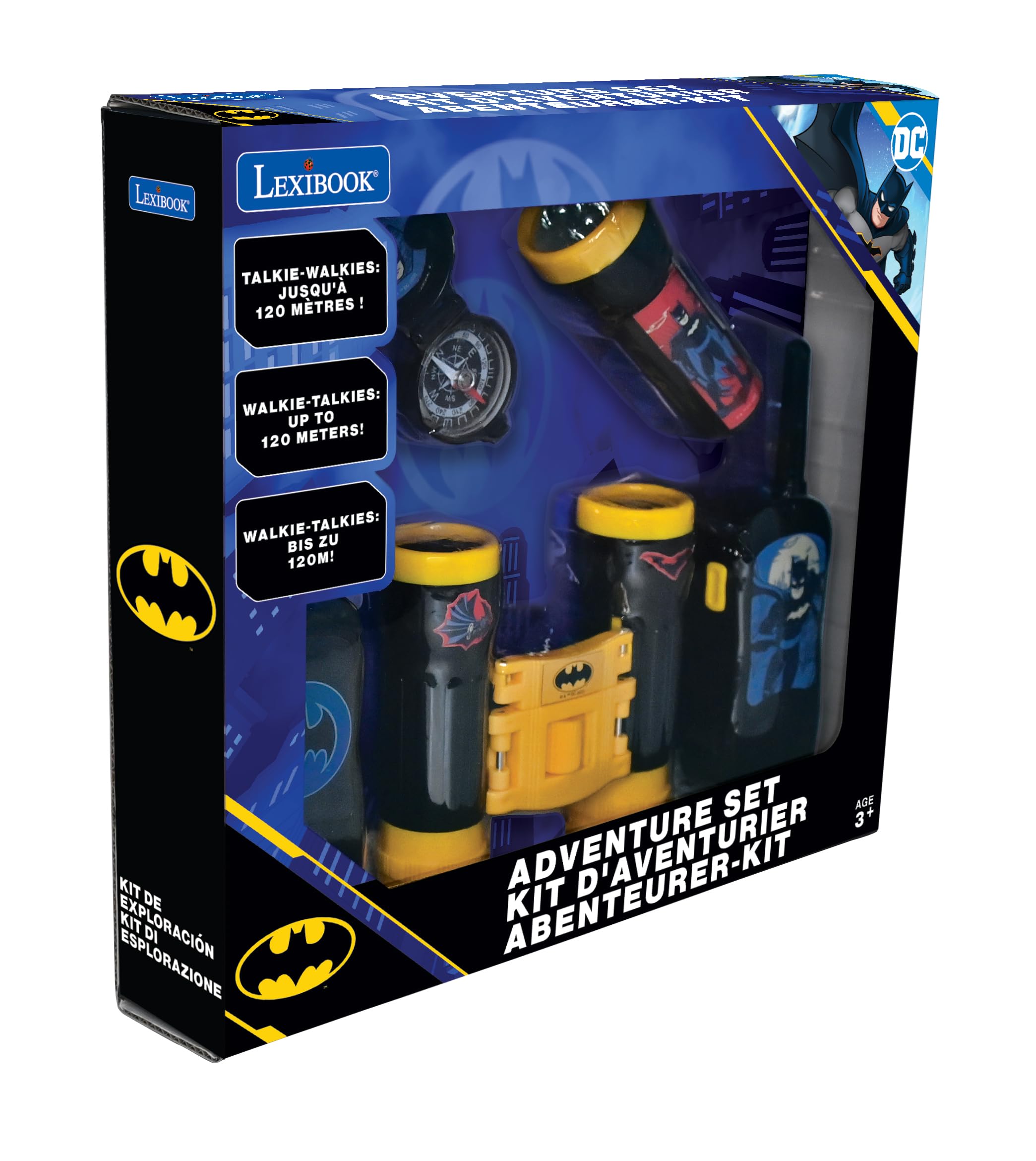 Lexibook, Batman, Abenteurer-Set, RPTW11BATLXB | 120m-Walkie-Talkies, Fernglas, Taschenlampe, Kompass, Schwarz/Gelb