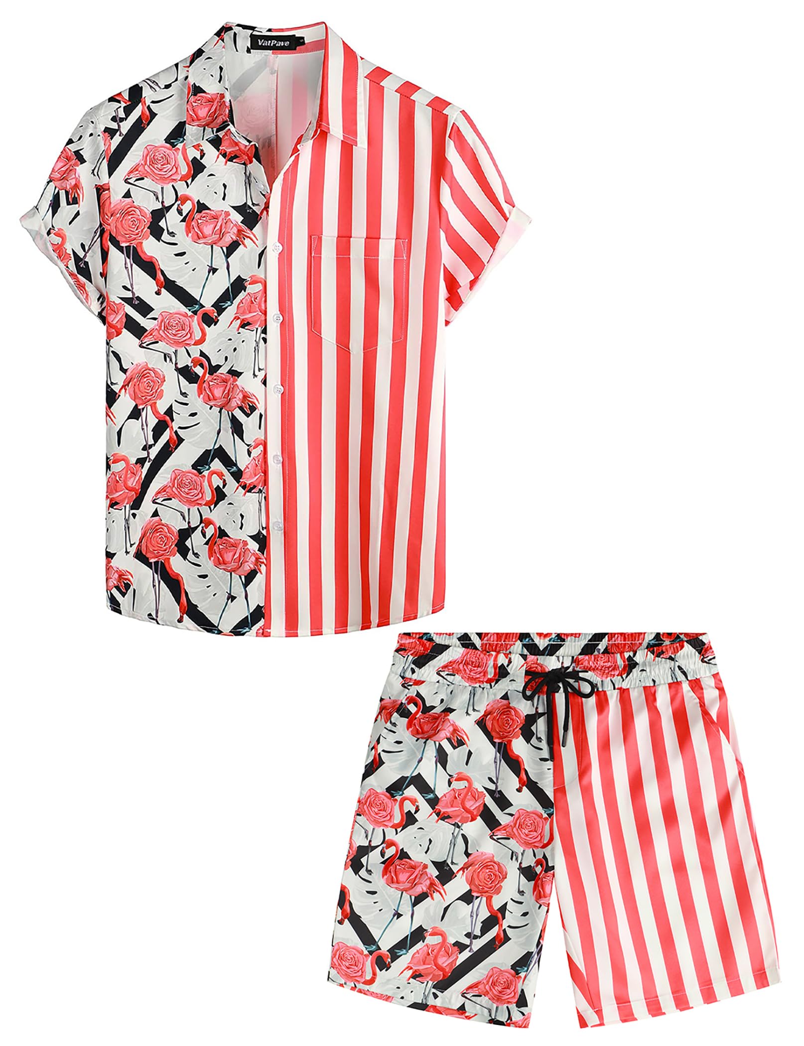 VATPAVE Mens Flamingo Hawaiian Sets Casual Short Sleeve Button Down Shirts Beach Outfits