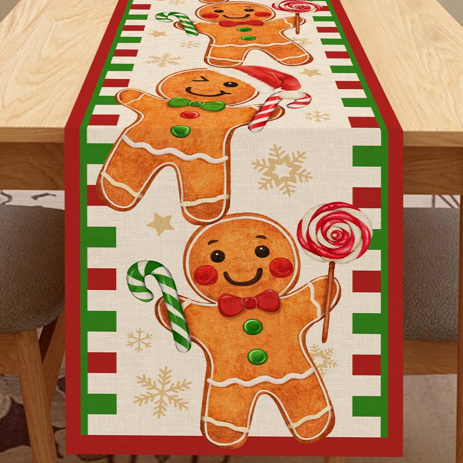 DSGUO 13x72 Inch Gingerbread Candy Cane Christmas Table Runner, Xmas Snowflake Home Kitchen Decor, Winter Holiday Candy Vintage Indoor Outdoor for Christmas Party Decor (Candy Gingerbread Man)