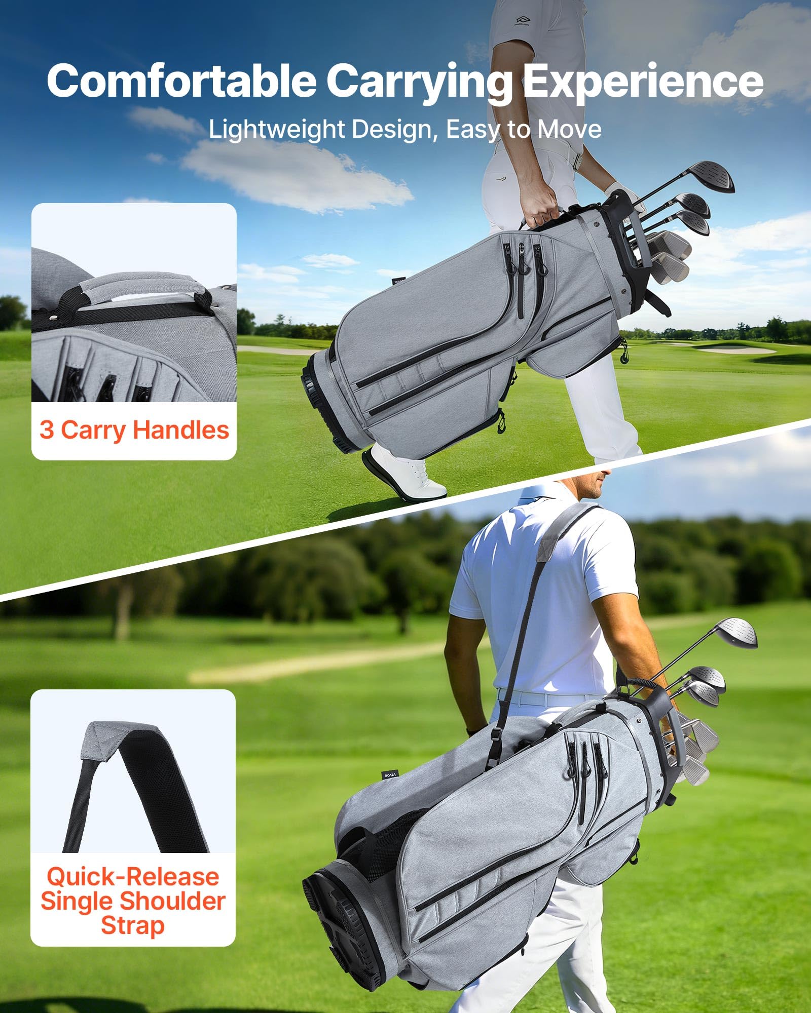 VEVOR Golfbag mit 15-facher Einteilung, Golftasche mit Schultergurt Silikon-Kopfschutz Durchgehenden Trennfächern Regenhaube Stautaschen, Caddybag aus Leichtem Polyester für Herren Damen Golf Cartbag