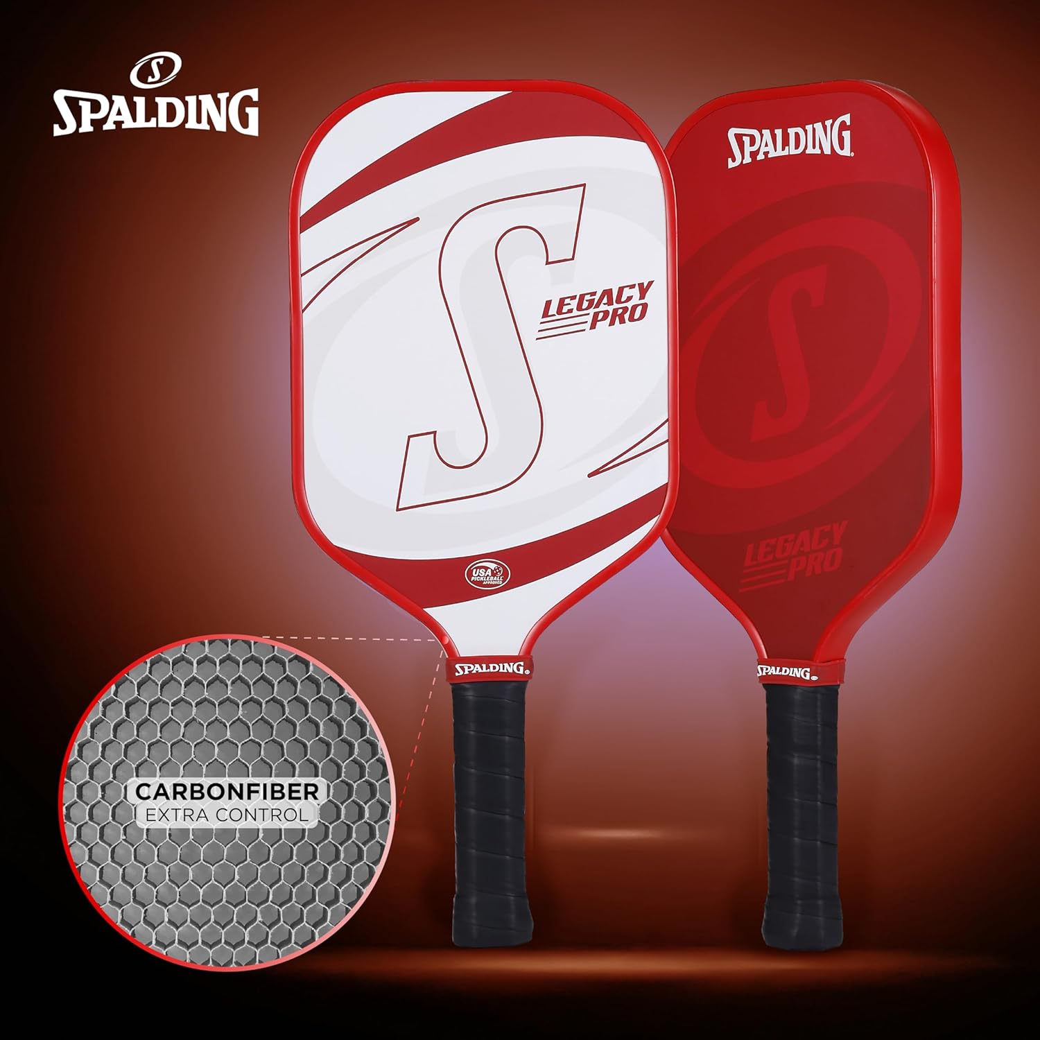 Spalding - Legacy Pro Pickleball Paddle, Elongated Carbon Fiber Face, High-Performance Lightweight Paddle for Power and Control, Durable Comfort Grip, Professional Pickleball Racket, Red