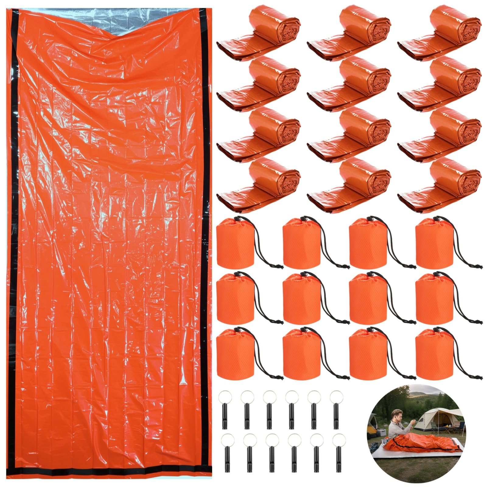 Notfall-Schlafsack, tragbar, thermisch, wasserdicht, Biwy-Sack, 210,1 x 89,9 cm, laute Überlebenspfeife und Aufbewahrungstasche mit Kordelzug, für Camping, Wandern, Notfallvorsorge, Orange, 12