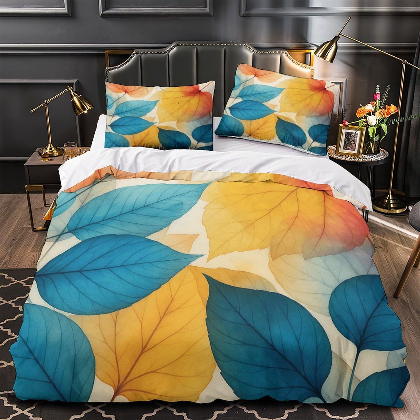 Housse de couette respirante 3D et parure de lit feuilles d'automne king ultra douce avec zip