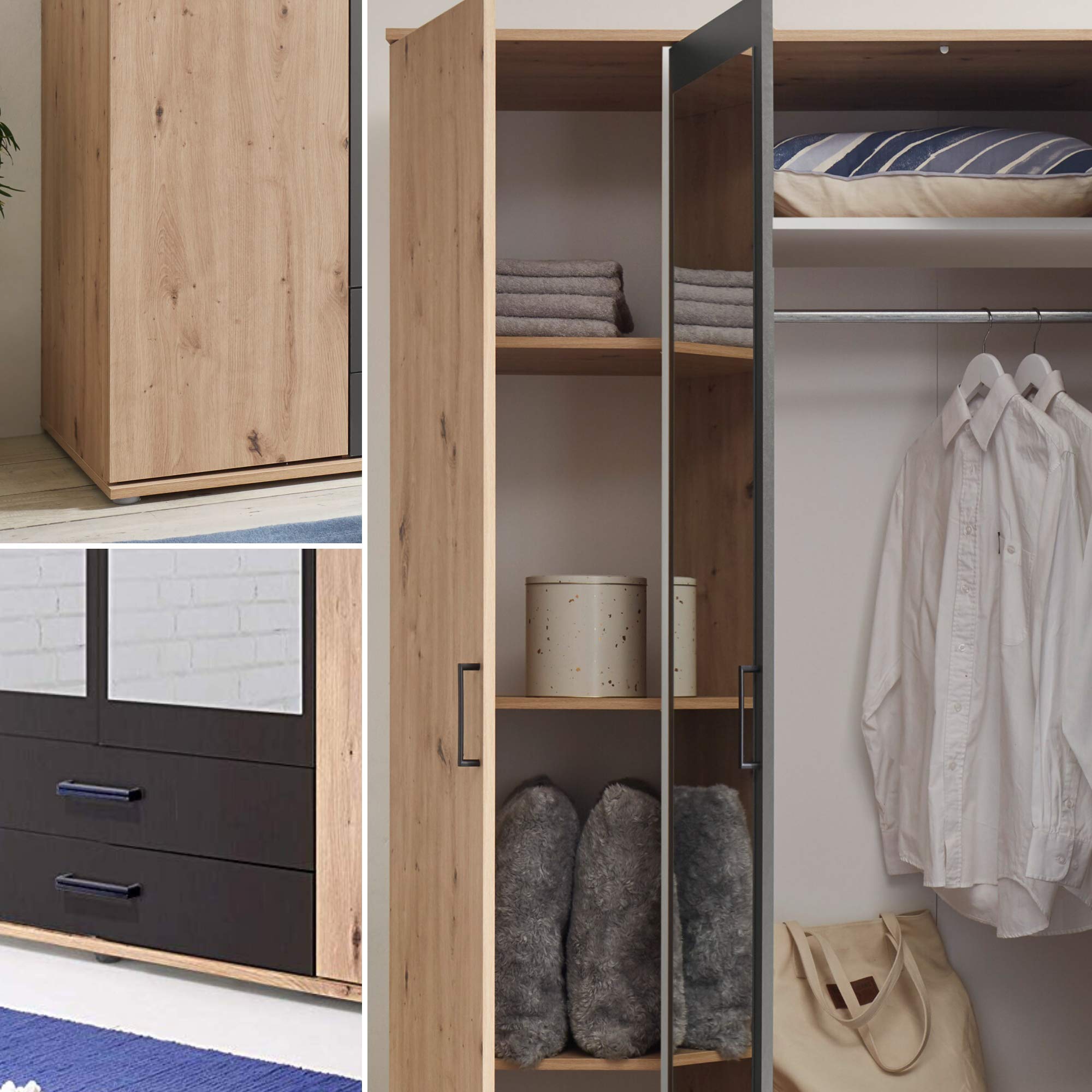 Stella Trading CHICAGO Eleganter Kleiderschrank mit viel Stauraum - Vielseitiger Drehtürenschrank in Artisan Eiche Optik und Absetzungen in Anthrazit - 156 x 197 x 54 cm (B/H/T)