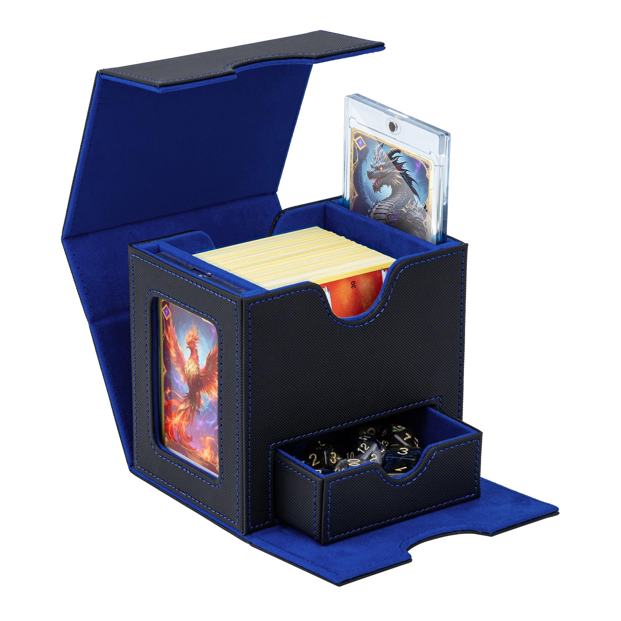 Boîte de Rangement Magnétique en Cuir PU pour 100 Cartes MTG, 2 Présentoirs Commander avec Tiroir, Card Deck Box Pour Cartes Magic Commander TCG - Bleu