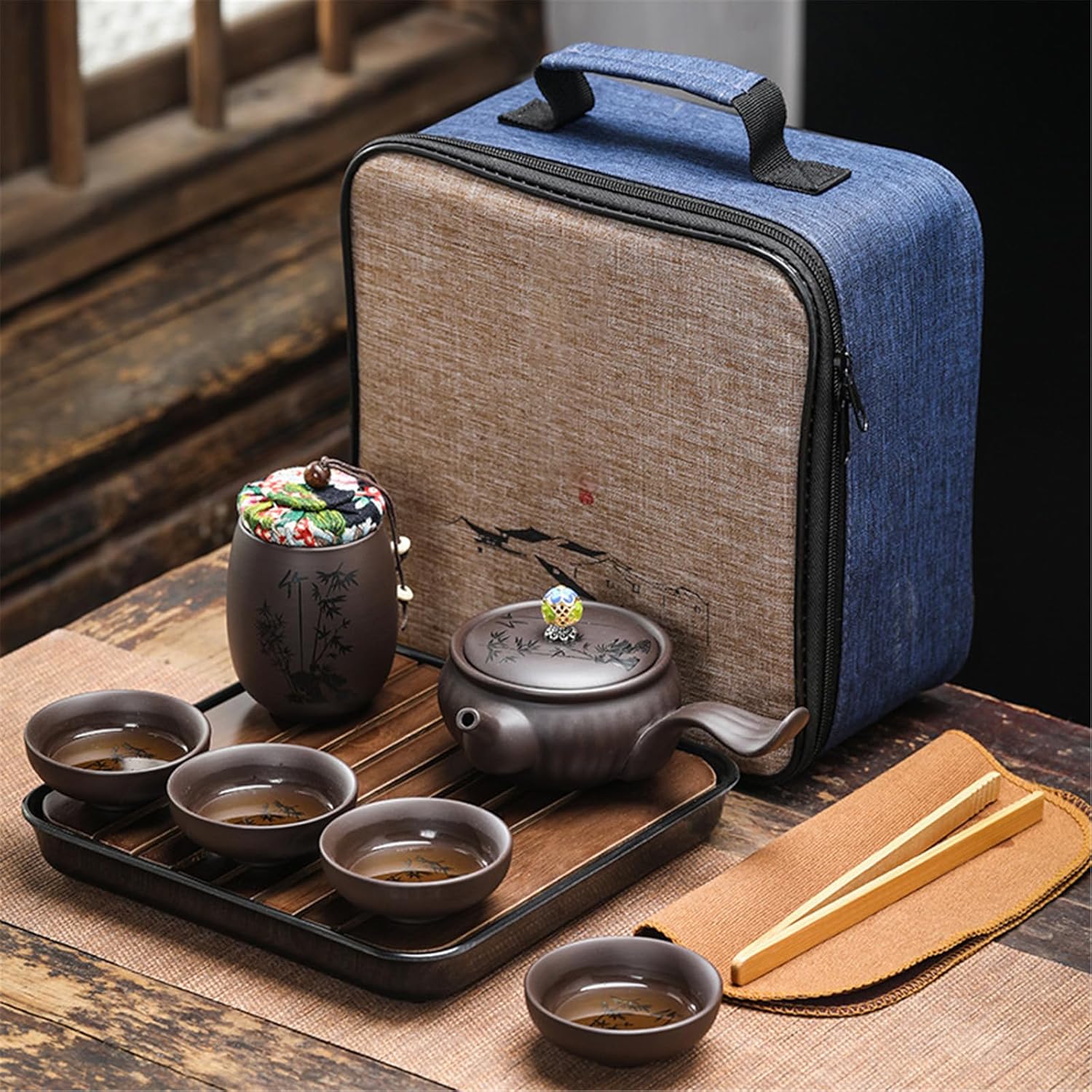 Traditional Chinese Ceramic Tea Set - 6-Piece Set with Teapot, Cups, and Saucer-set2