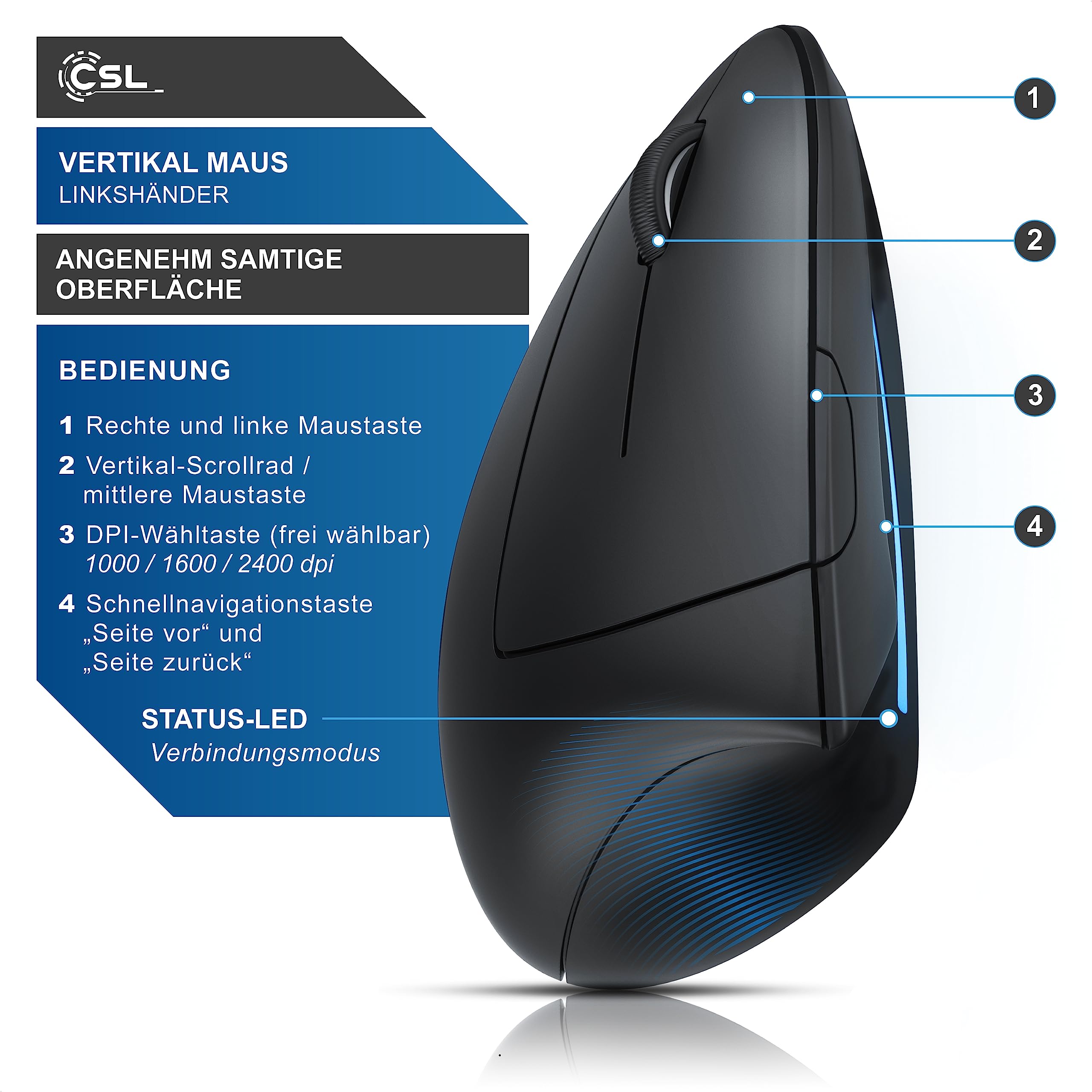 CSL – Maus kabellos für Linkshänder – Vertikalmaus Bluetooth und 2,4 Ghz Wireless Funkmaus – vertikal ergonomisch – Vorbeugung gegen Mausarm – für pc Laptop Notebook