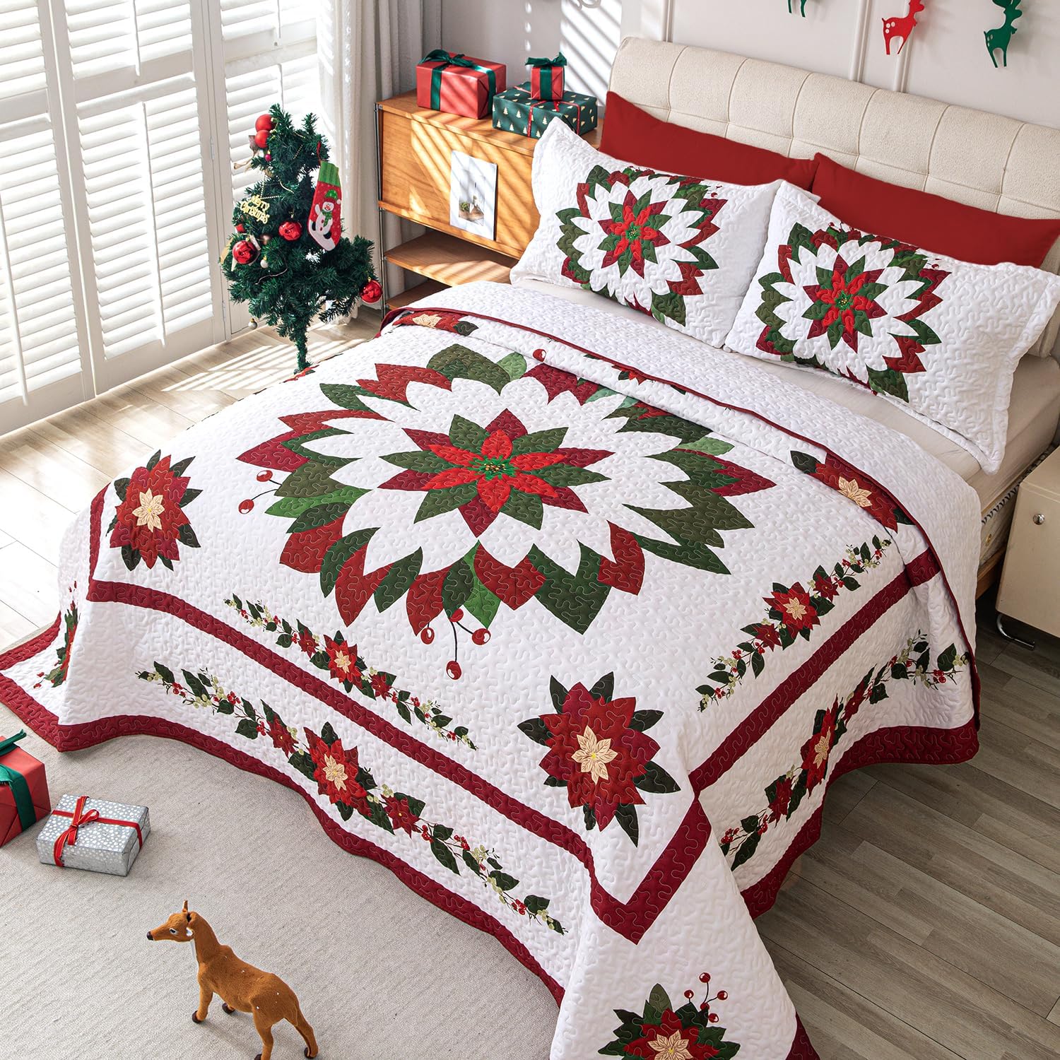 Cmfshape 3 Piece Christmas Quilt Bedspread,Queen Size Christmas Flower Themed Bedding,Reversible Christmas Comforter Coverlet with 2 Pillow Shams(92"x96")