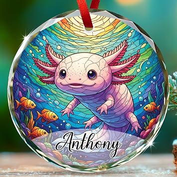 Personalized Axolotl Christmas Glass Ornament 2026, Customized Axolotl Ornaments with Name, Sea Animal Themed Christmas Tree Ornament, Xmas Decoration Gift for Sea Animal Lover Ocean Lover