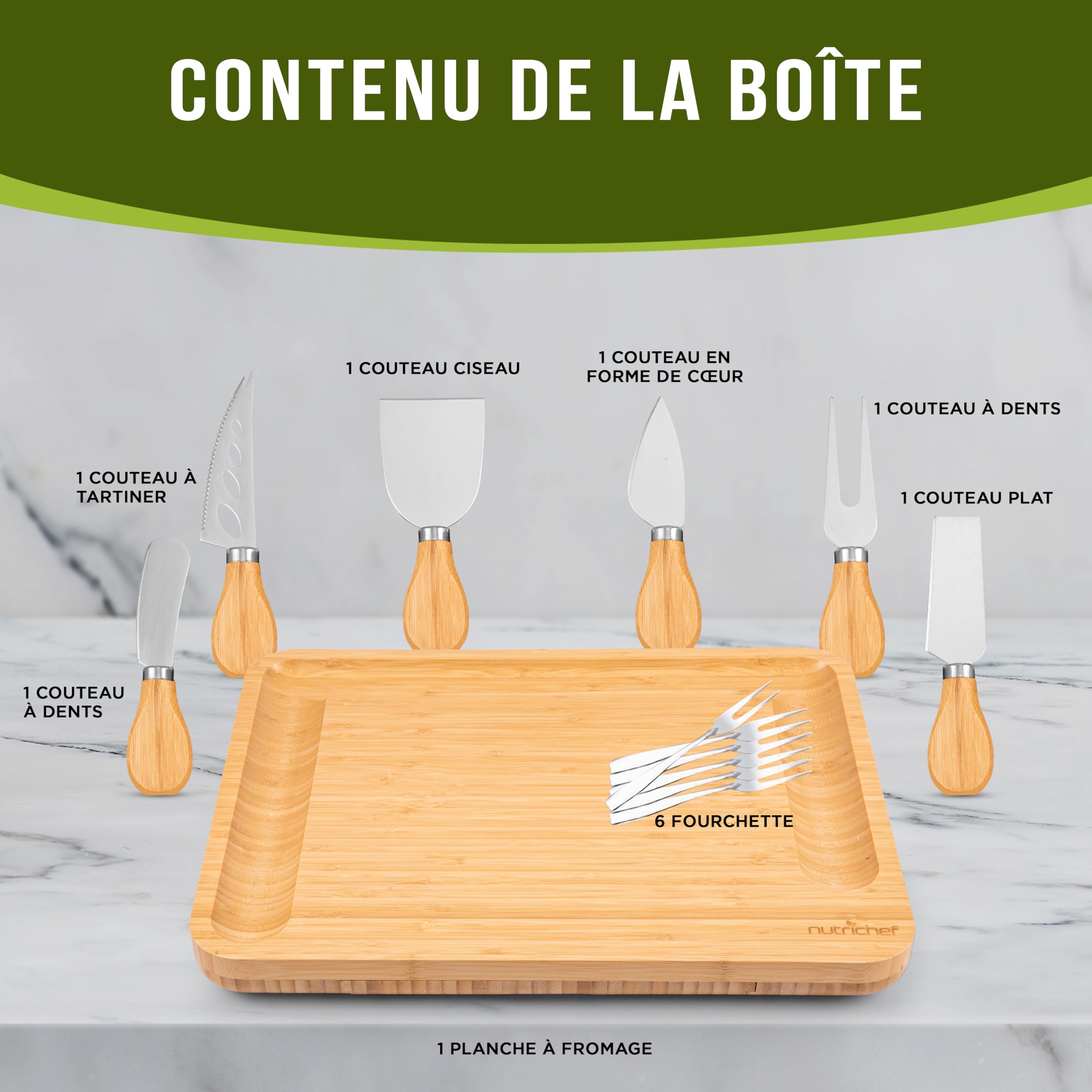 NutriChef Plateau à Fromage Bambou – Planche Apéro XL, 6 Couteaux Inox Bois