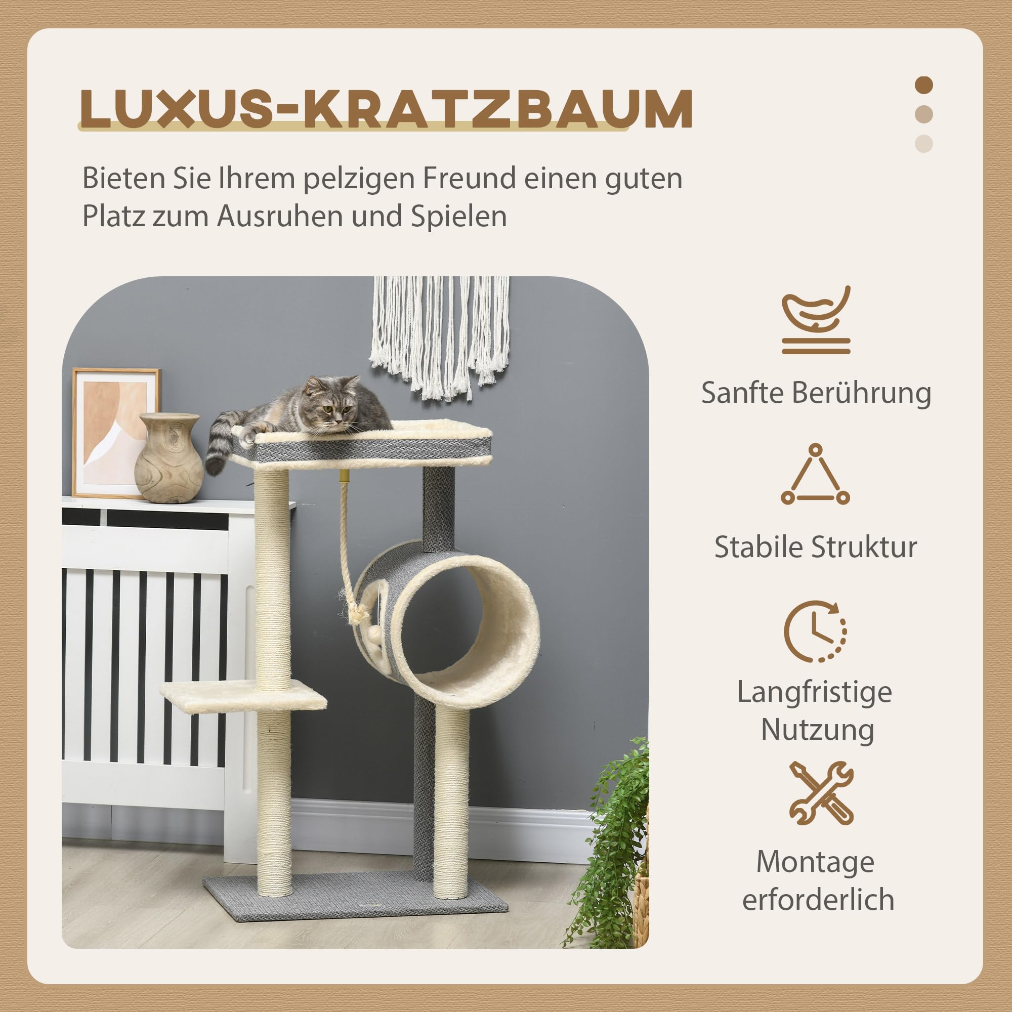 Rascador PawHut 104 cm árbol para gatos con cueva para gatos, rascador para gatos con pelota de juego, árbol para gatos con 2 zonas para tumbarse, árbol trepador para gatos de hasta 5 kg, muebles para