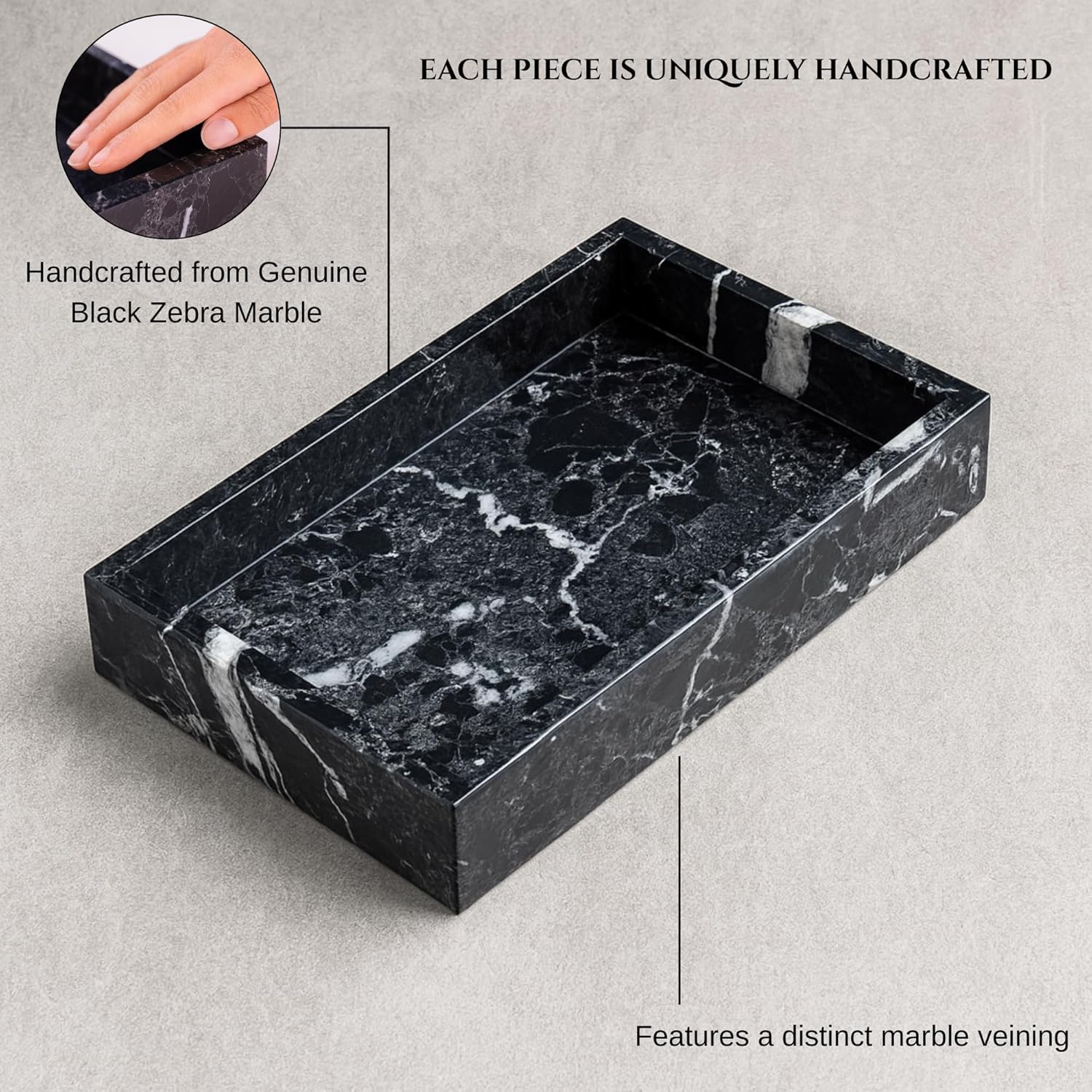 Bey-Berk Ezra Black Zebra Marble Guest Towel Tray – Rectangular Bathroom Vanity Organizer for Countertop Storage