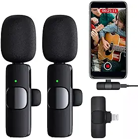 Microfone Lapela Sem Fio Duplo USB Tipo C para Android e Lightning para iPhone com Som Profissional 360º