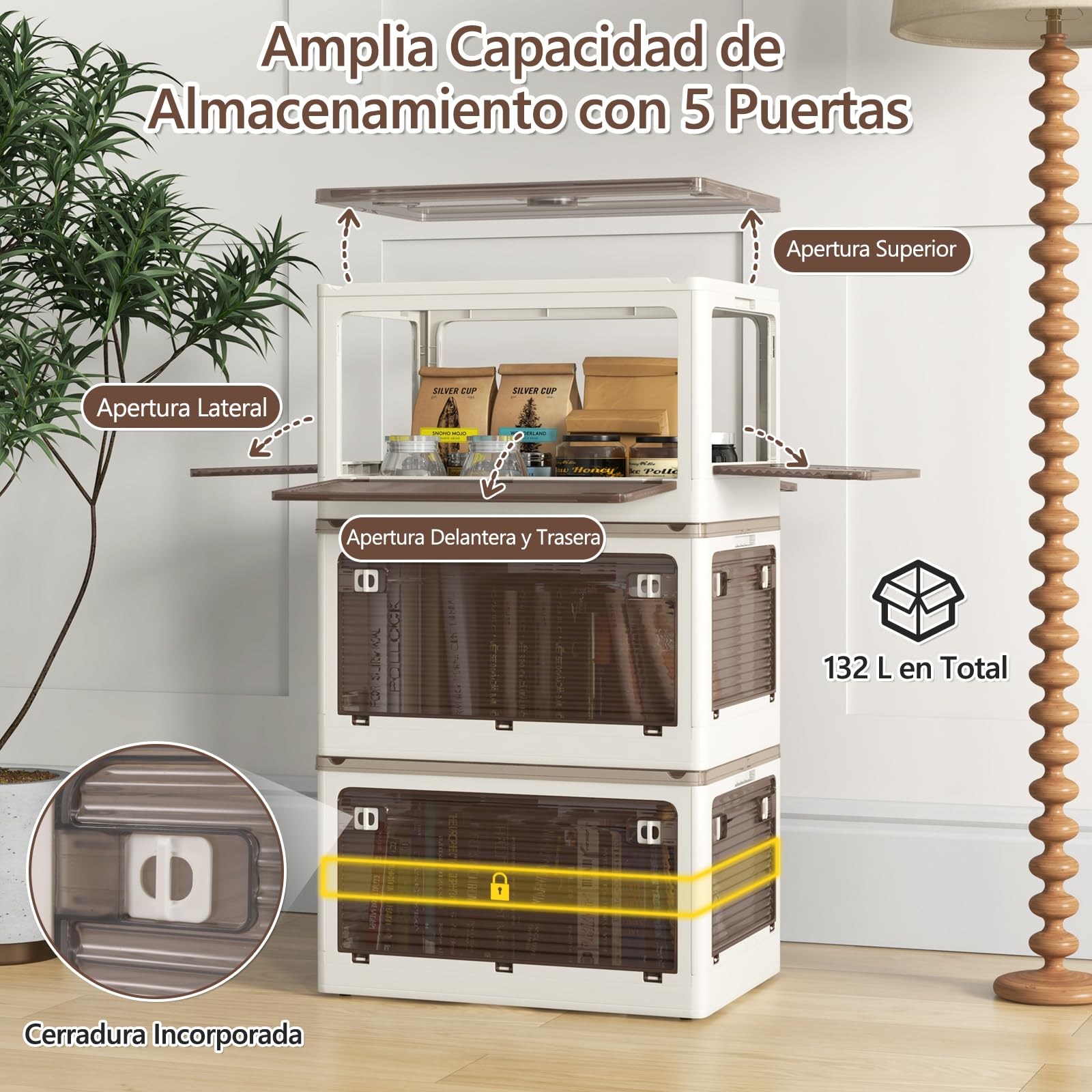 GOPLUS Caja de Almacenaje de 3 Niveles con Tapa y Ruedas, Cajas Apilables Plegables con 5 Puertas, Organizador de Almacenamiento 90/132 L para Salón Oficina Cocina (51,5 x 36,5 x 88 cm)